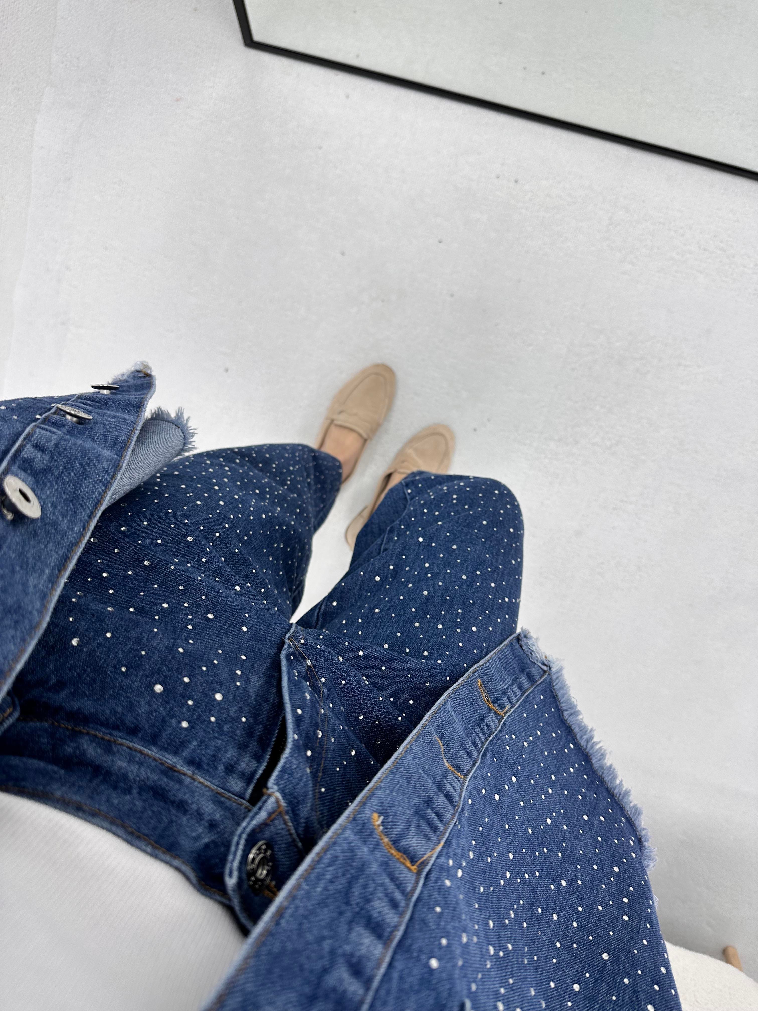 Full Taş Detaylı Denim Kot Mavi Takım 