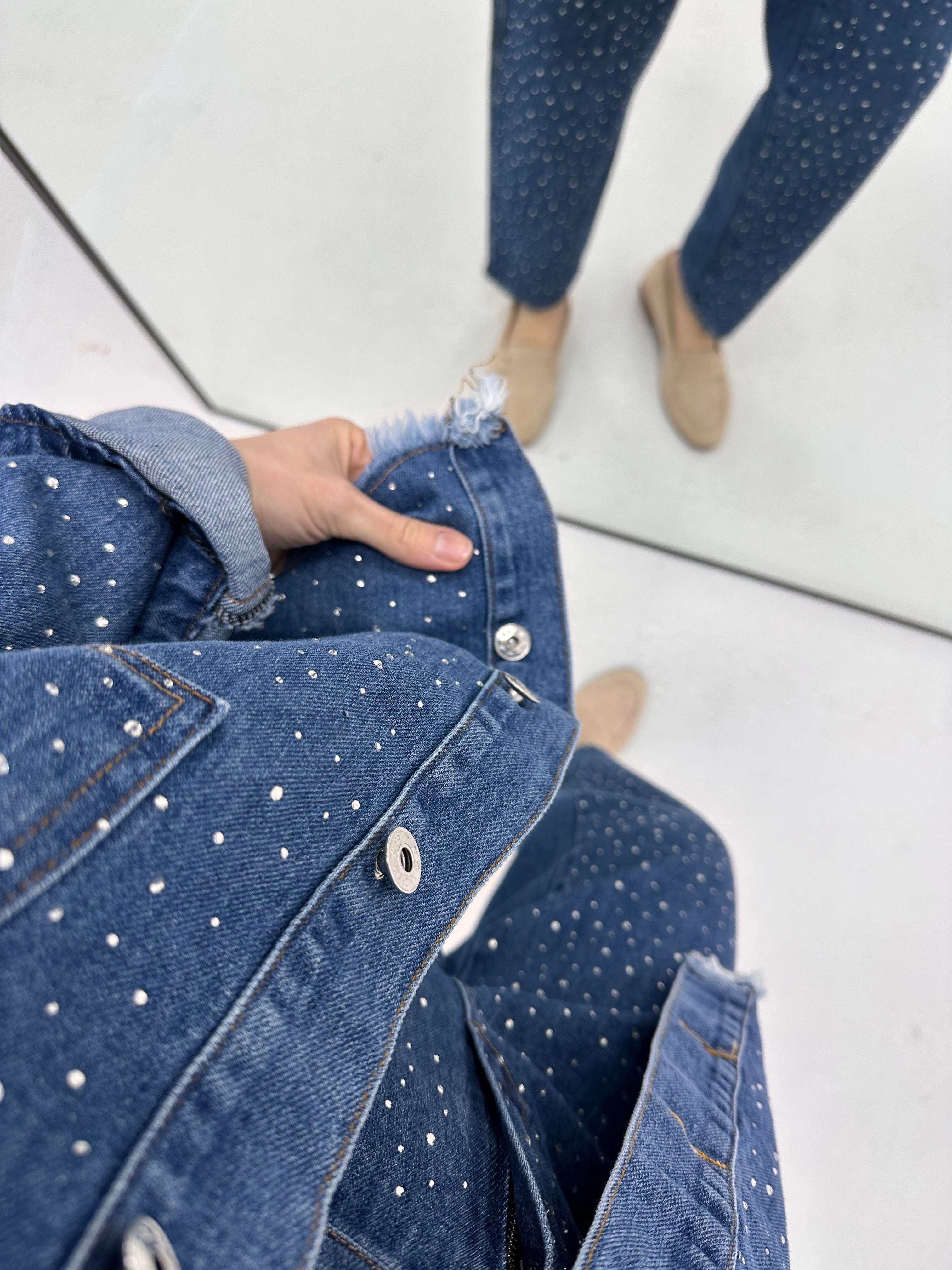 Full Taş Detaylı Denim Kot Mavi Takım 