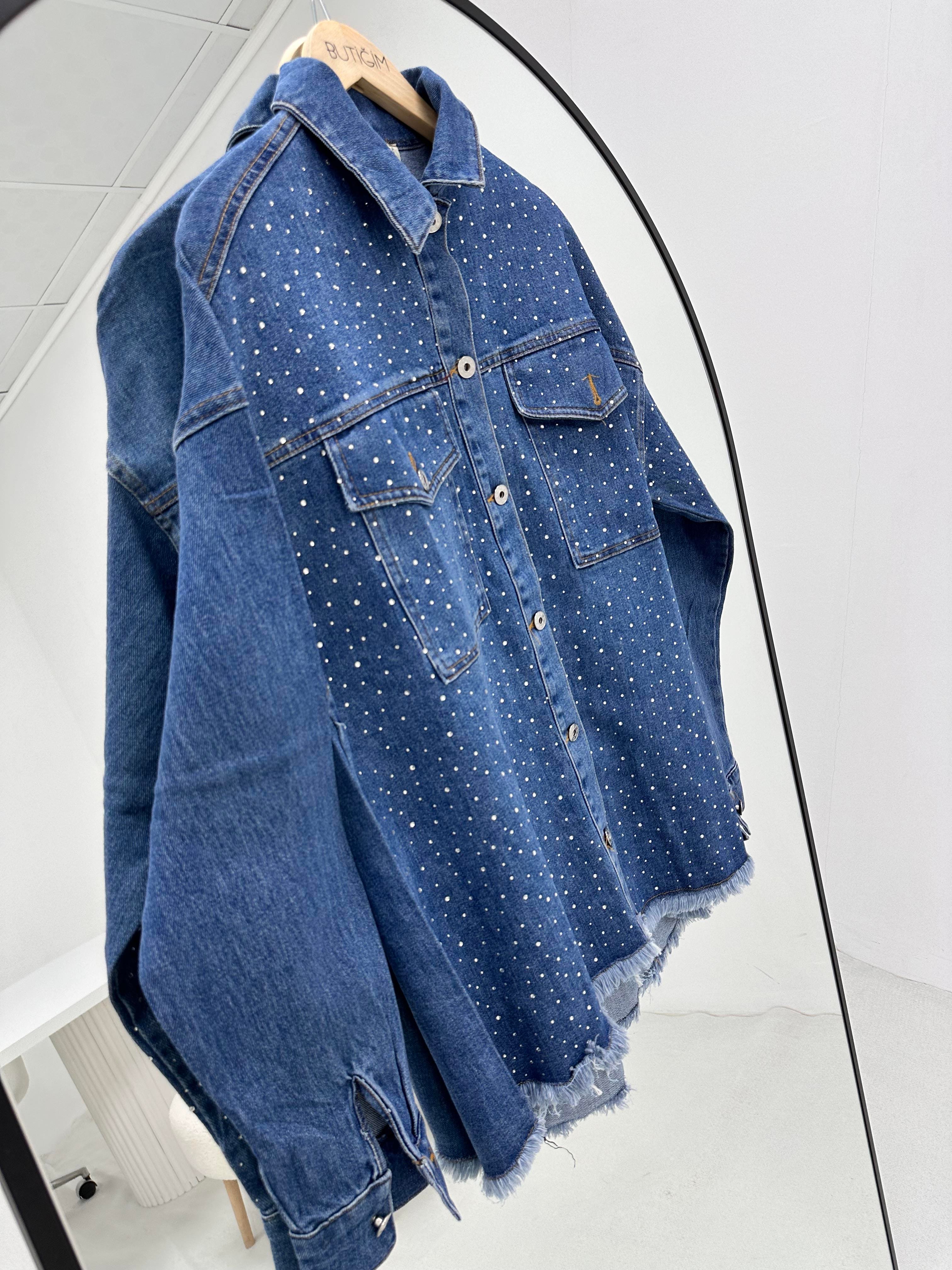 Full Taş Detaylı Denim Kot Mavi Takım 
