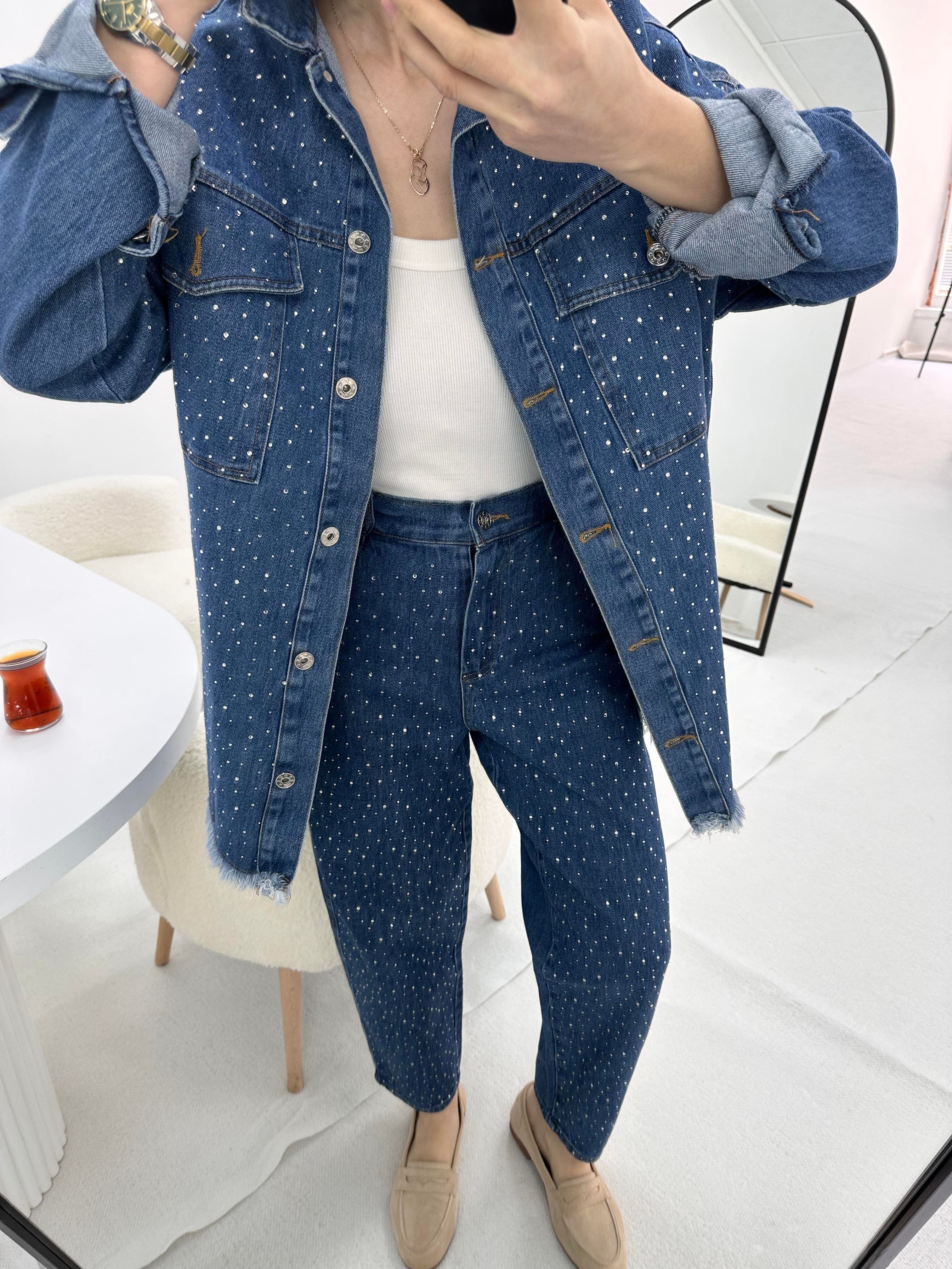 Full Taş Detaylı Denim Kot Mavi Takım 
