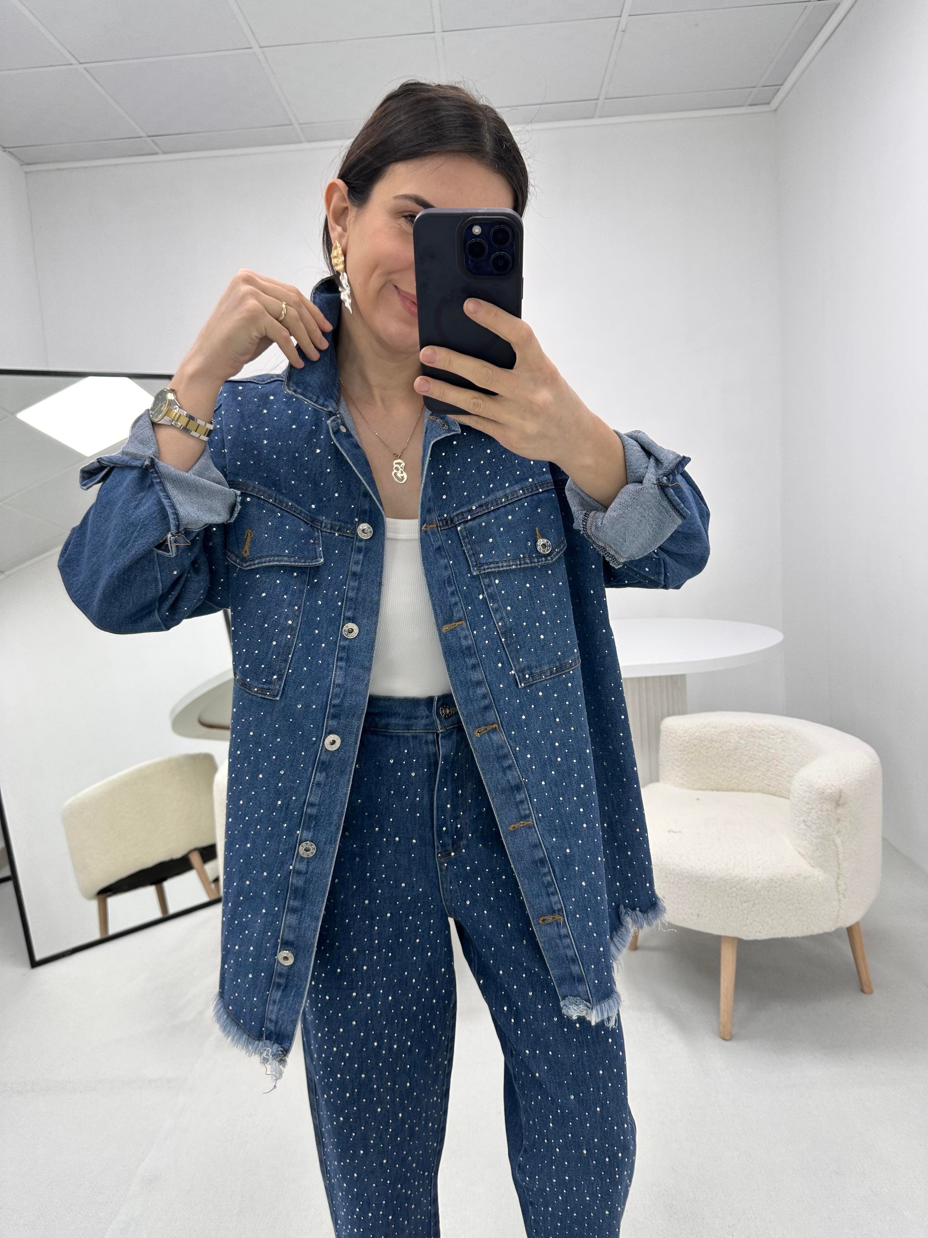 Full Taş Detaylı Denim Kot Mavi Takım 