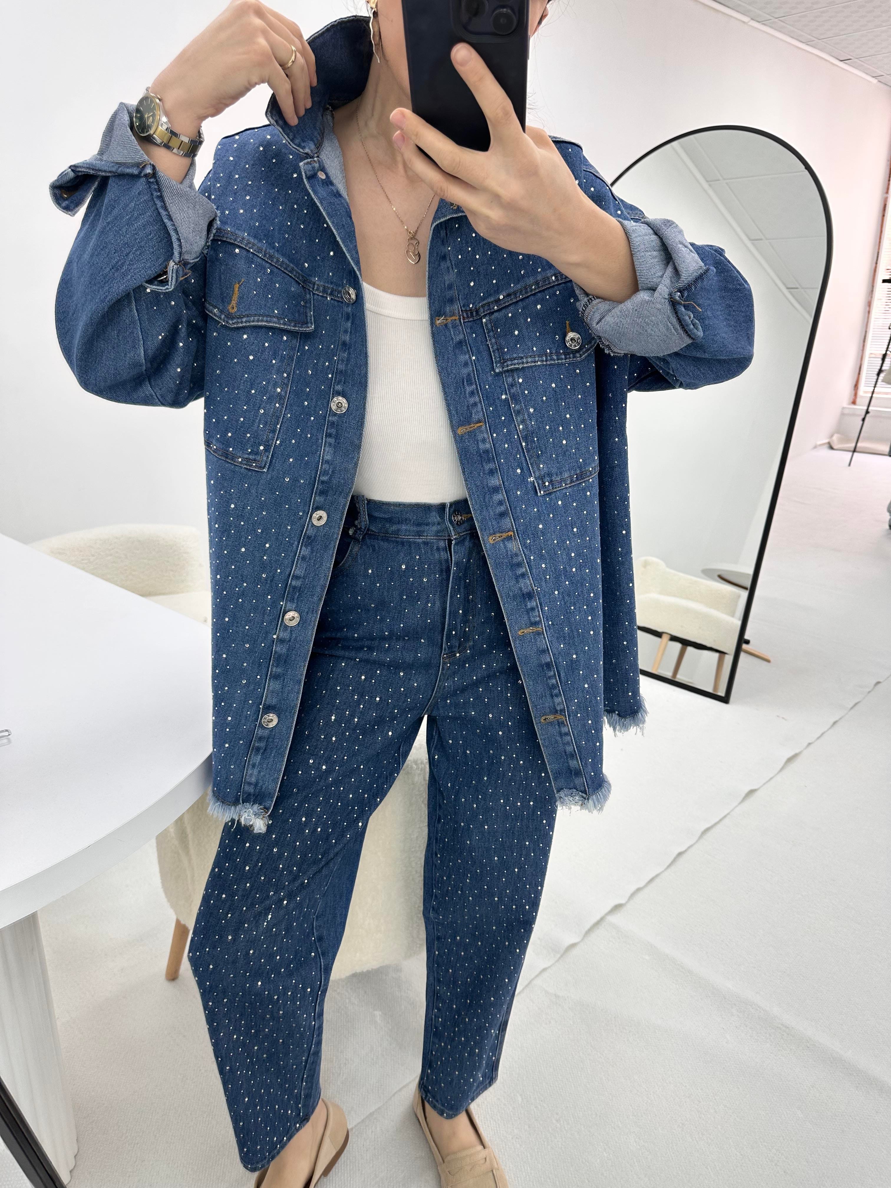 Full Taş Detaylı Denim Kot Mavi Takım 