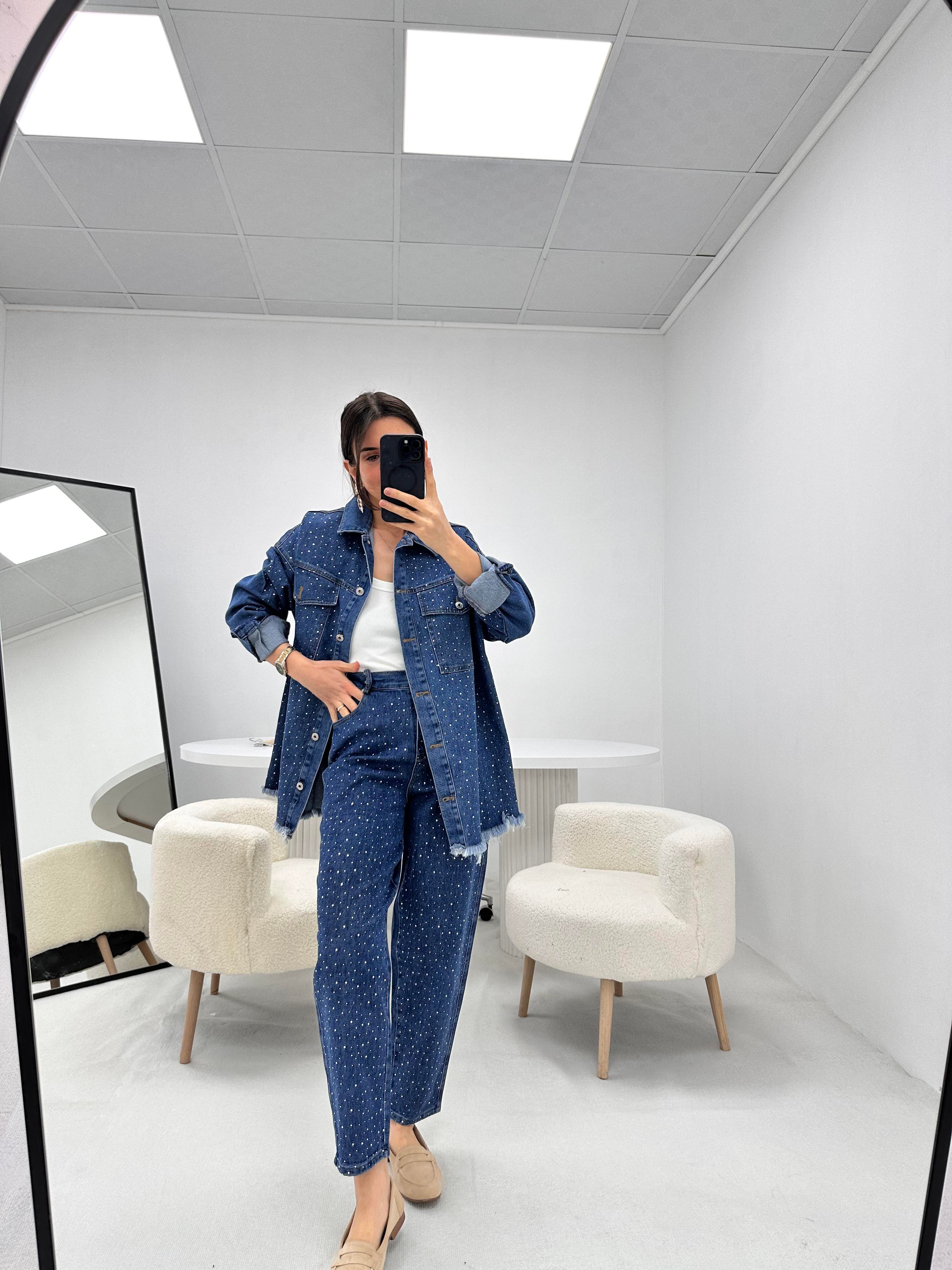 Full Taş Detaylı Denim Kot Mavi Takım 