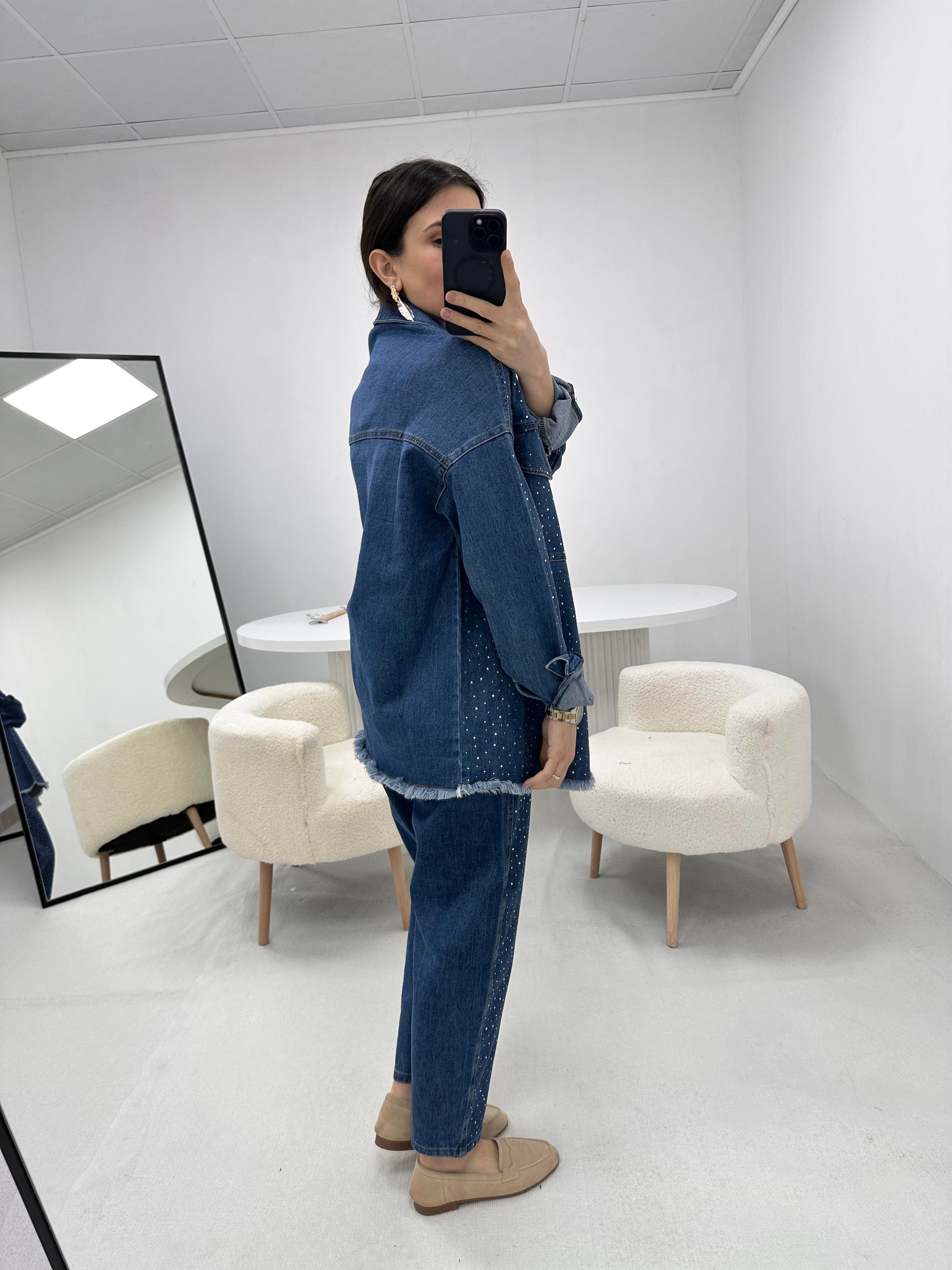 Full Taş Detaylı Denim Kot Mavi Takım 