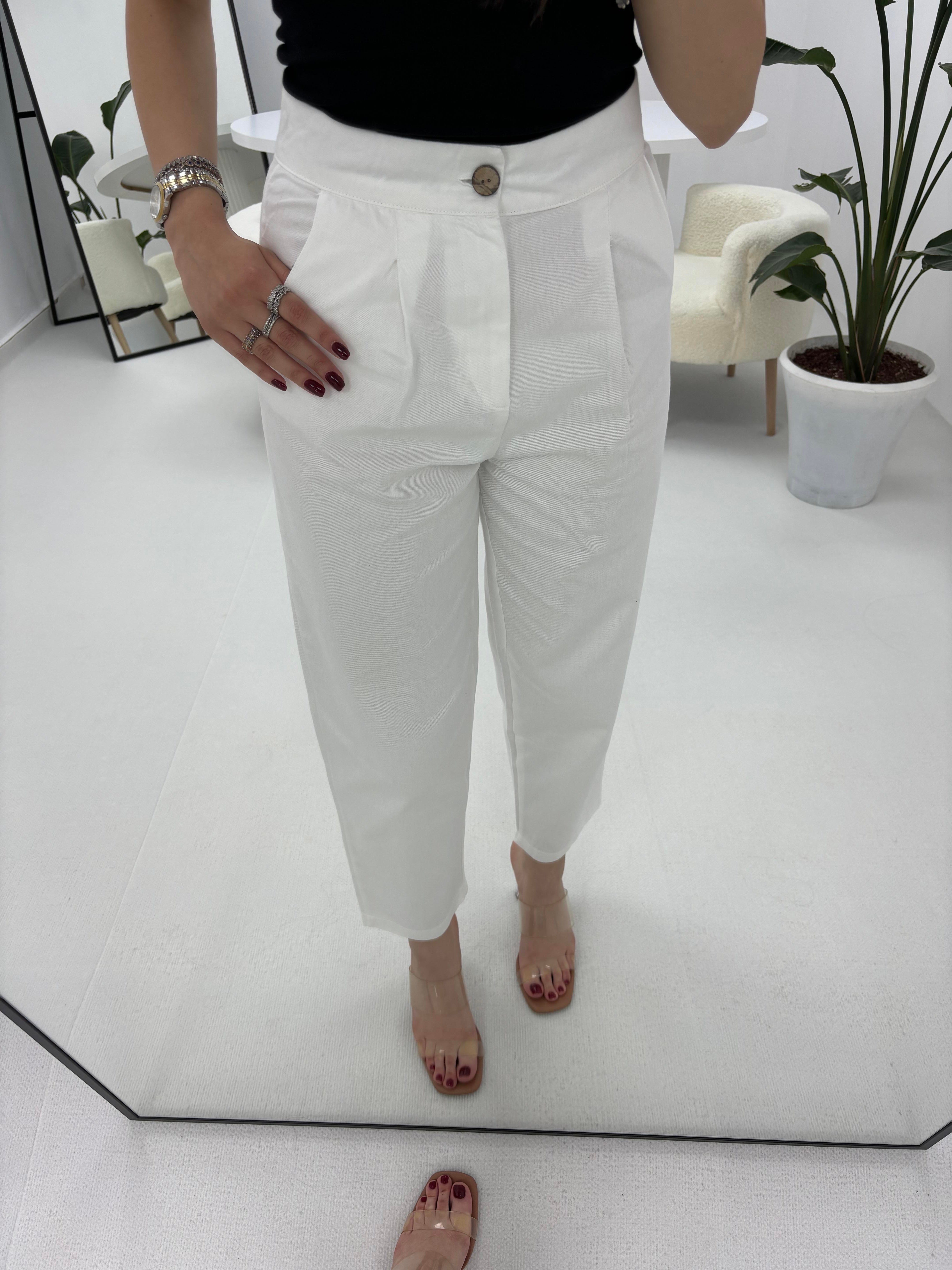 Gabardin Kumaş Havuç Model Beyaz Pantolon 