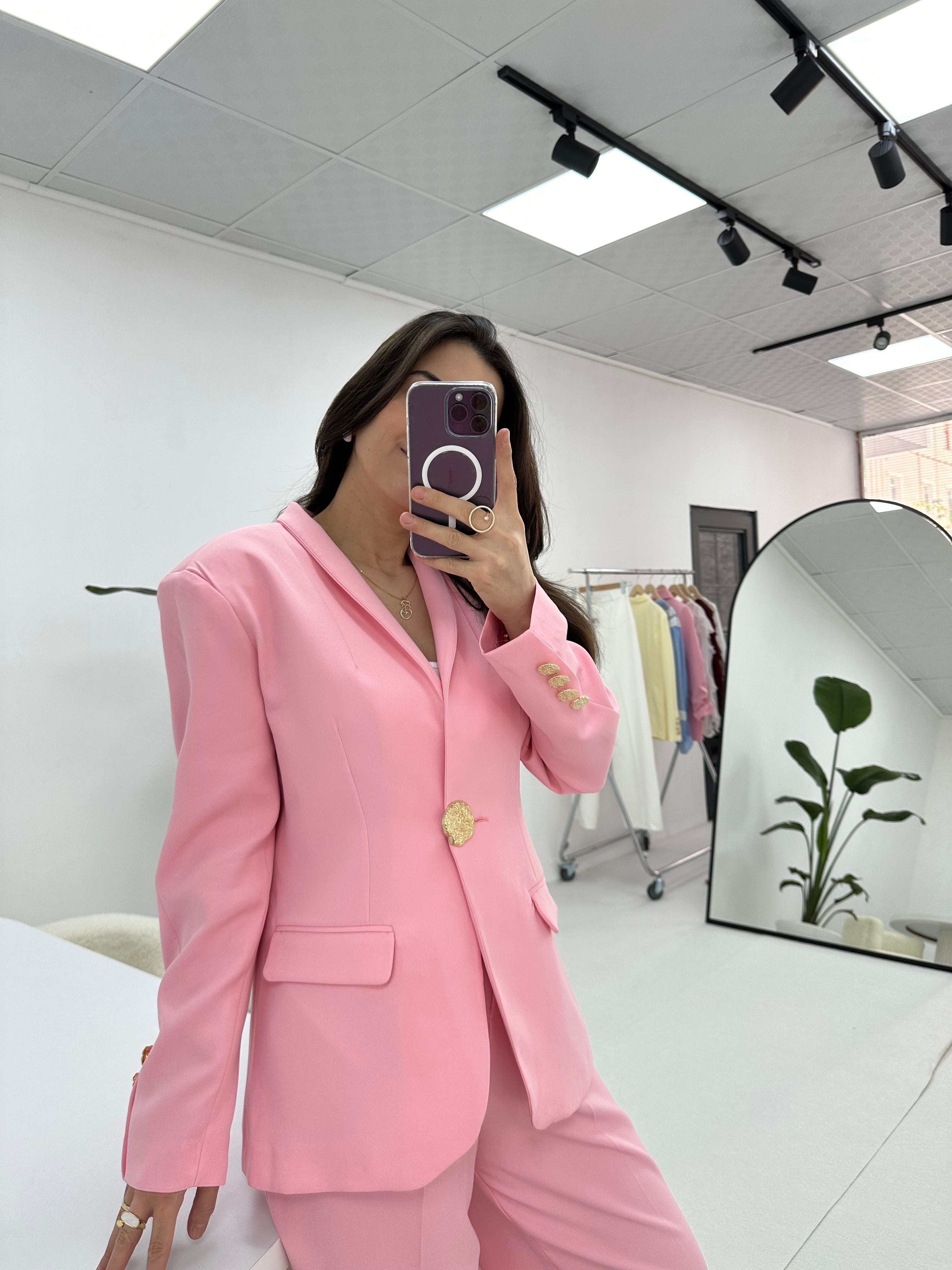 Gold Düğme Detaylı Pembe  Blazer Ceket 