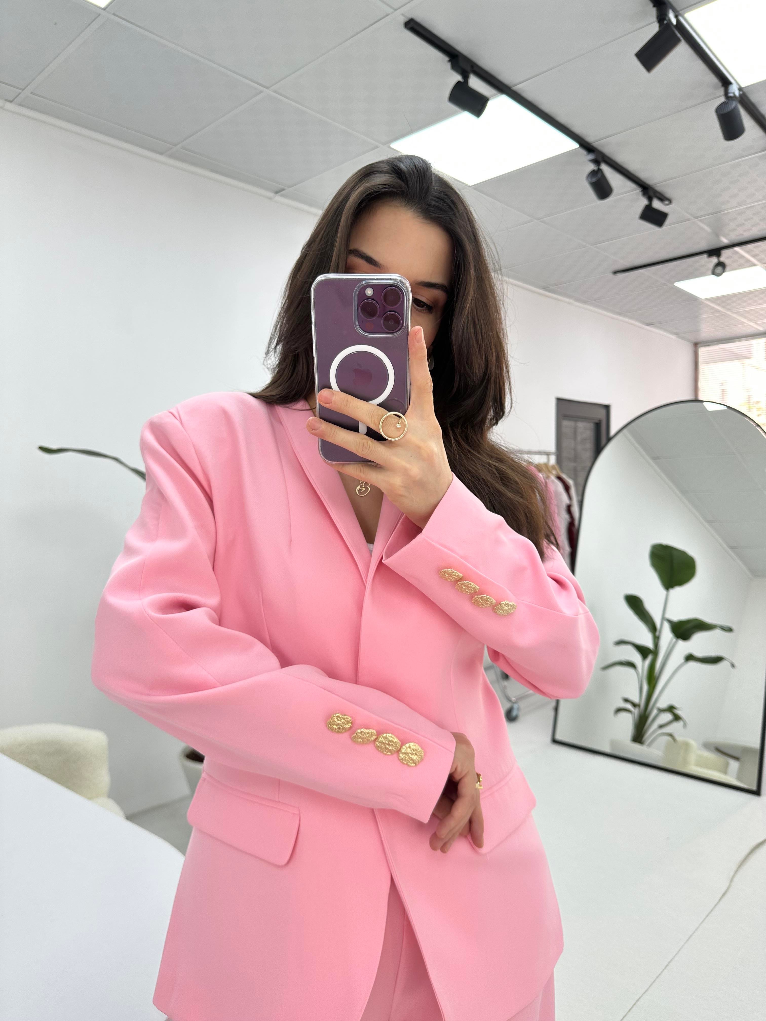 Gold Düğme Detaylı Pembe  Blazer Ceket 