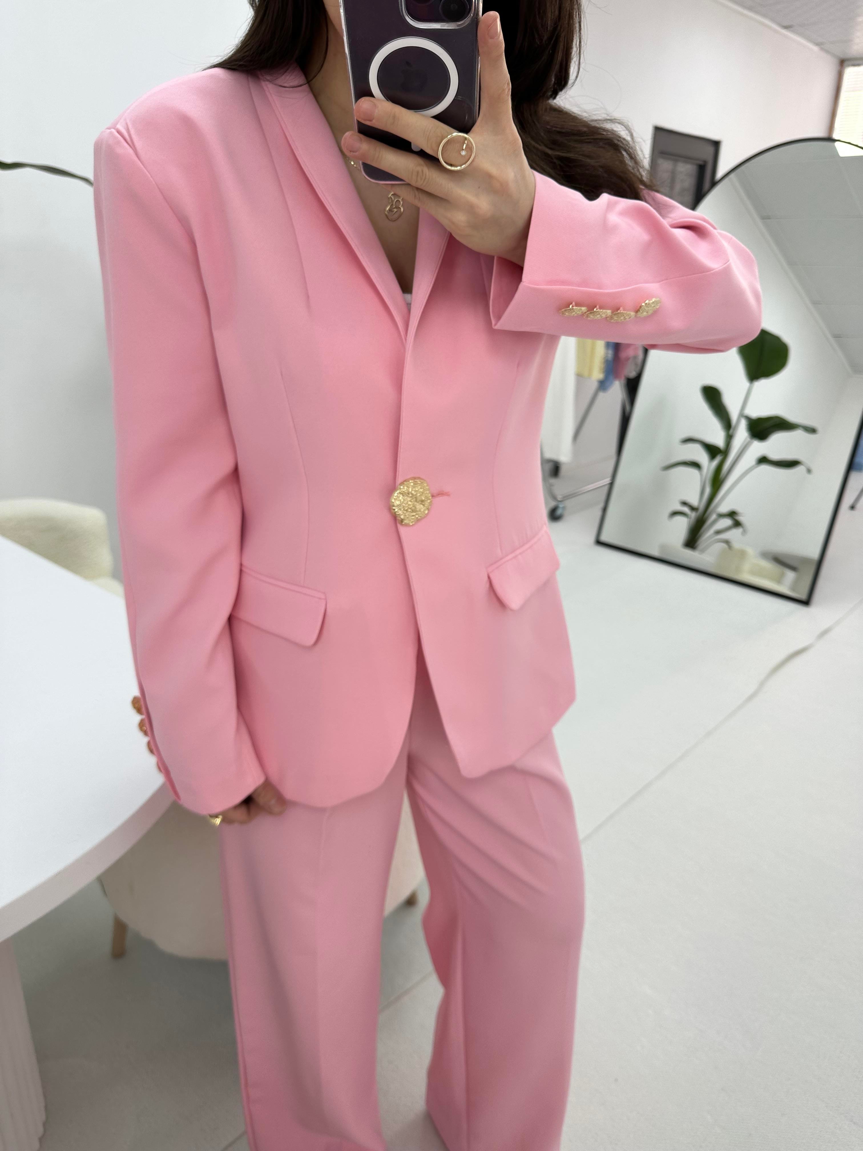 Gold Düğme Detaylı Pembe  Blazer Ceket 