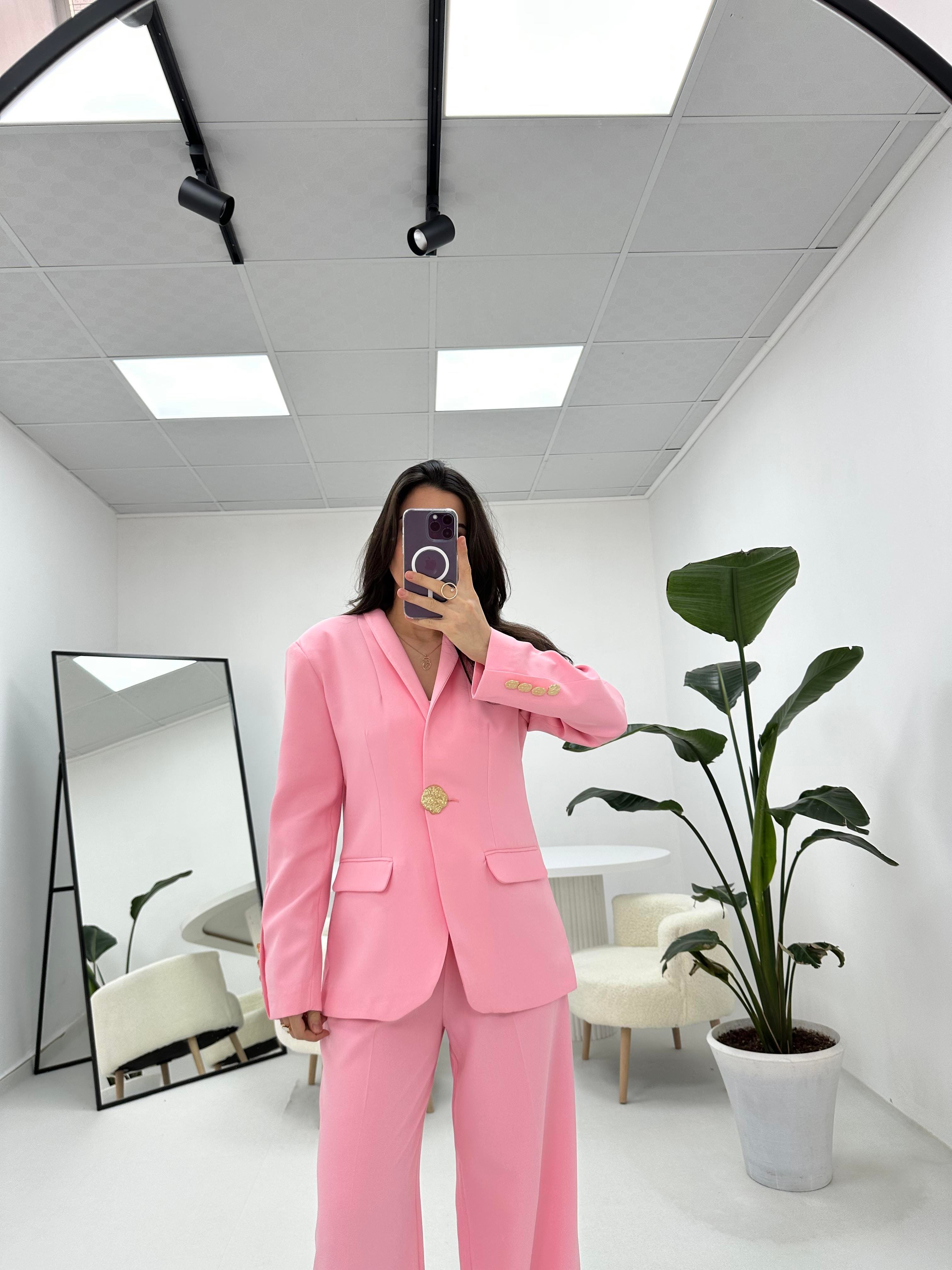 Gold Düğme Detaylı Pembe  Blazer Ceket 