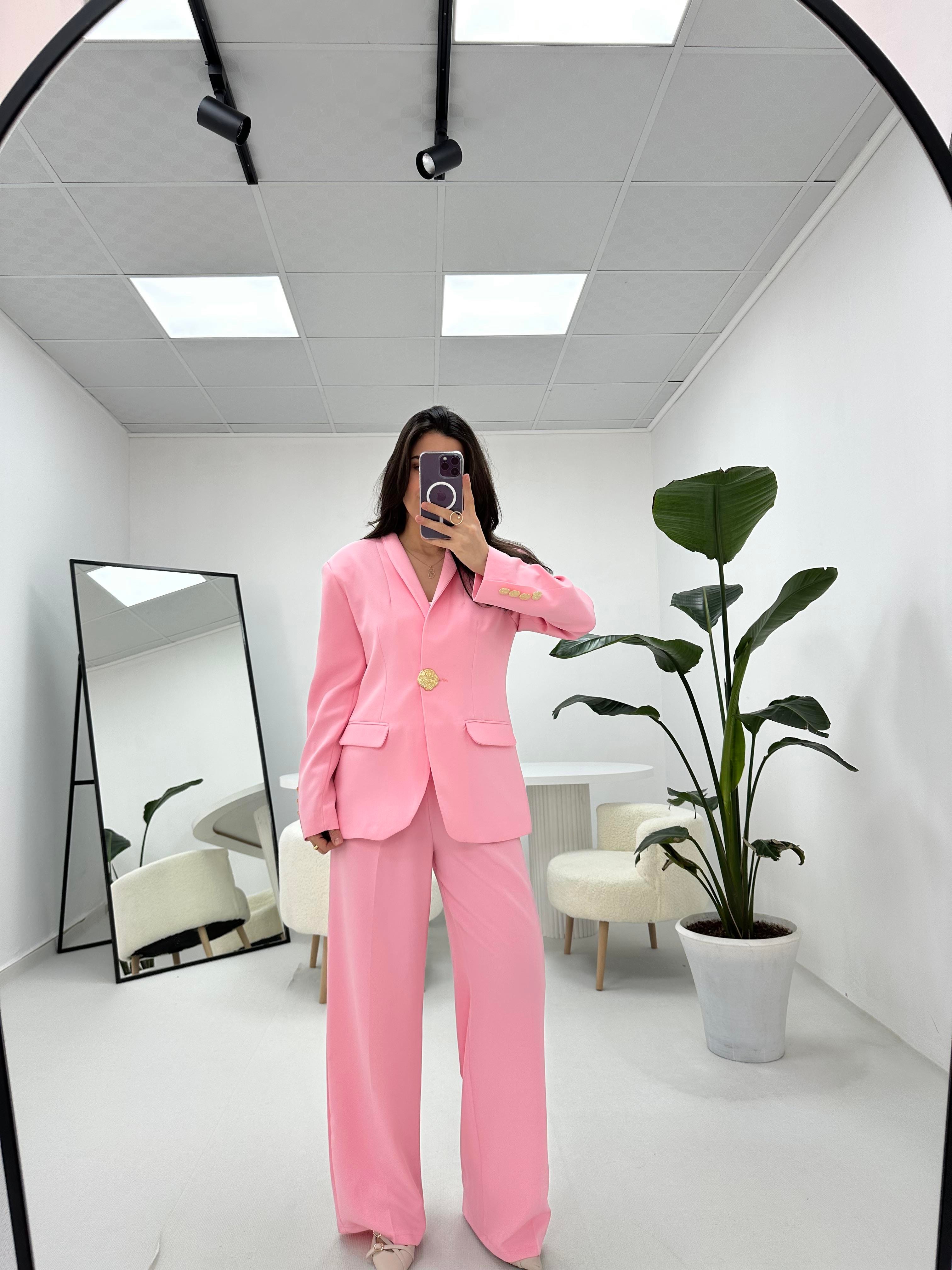 Gold Düğme Detaylı Pembe  Blazer Ceket 