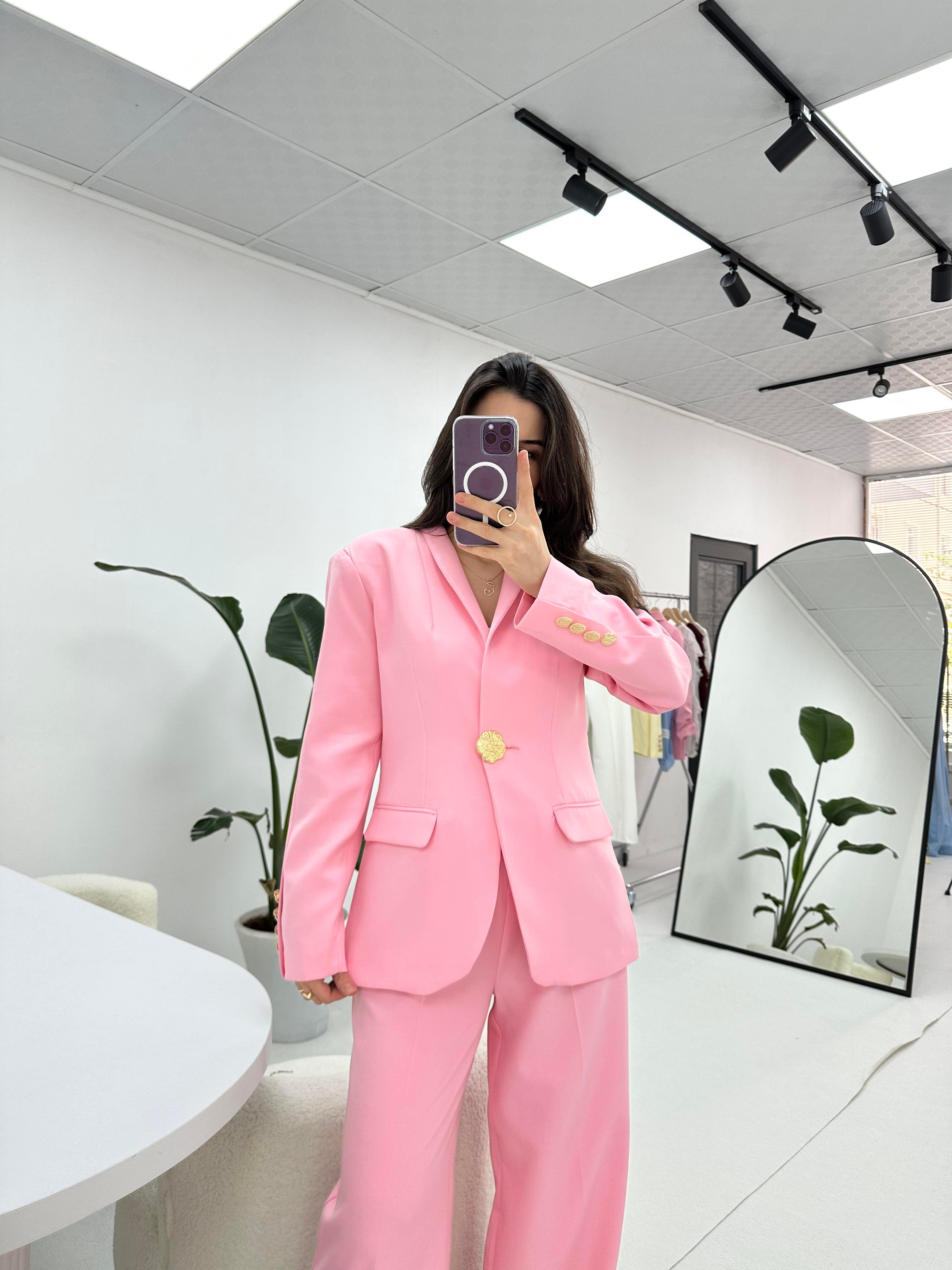 Gold Düğme Detaylı Pembe  Blazer Ceket 