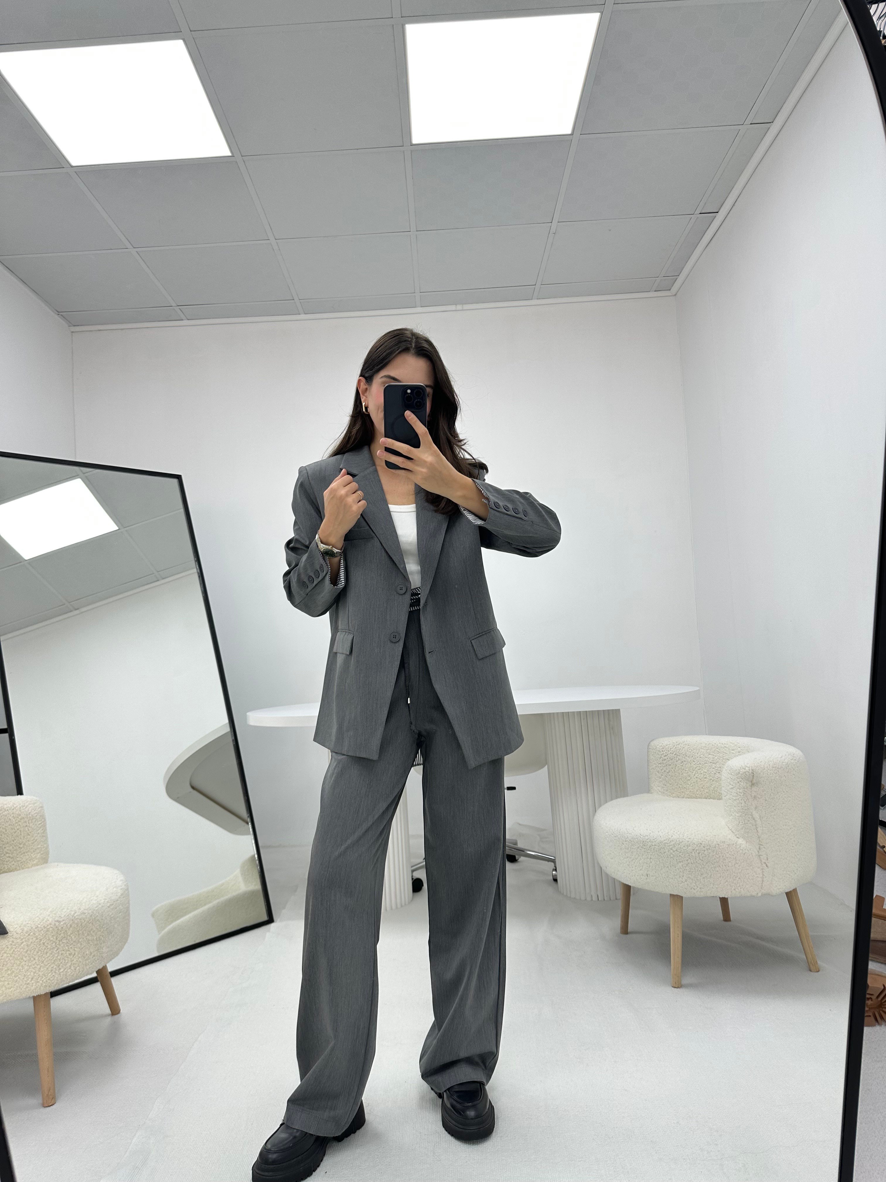 Gri Arkadan Çizgili  Yırtmaç Detaylı  Ceket Pantolon Takım 