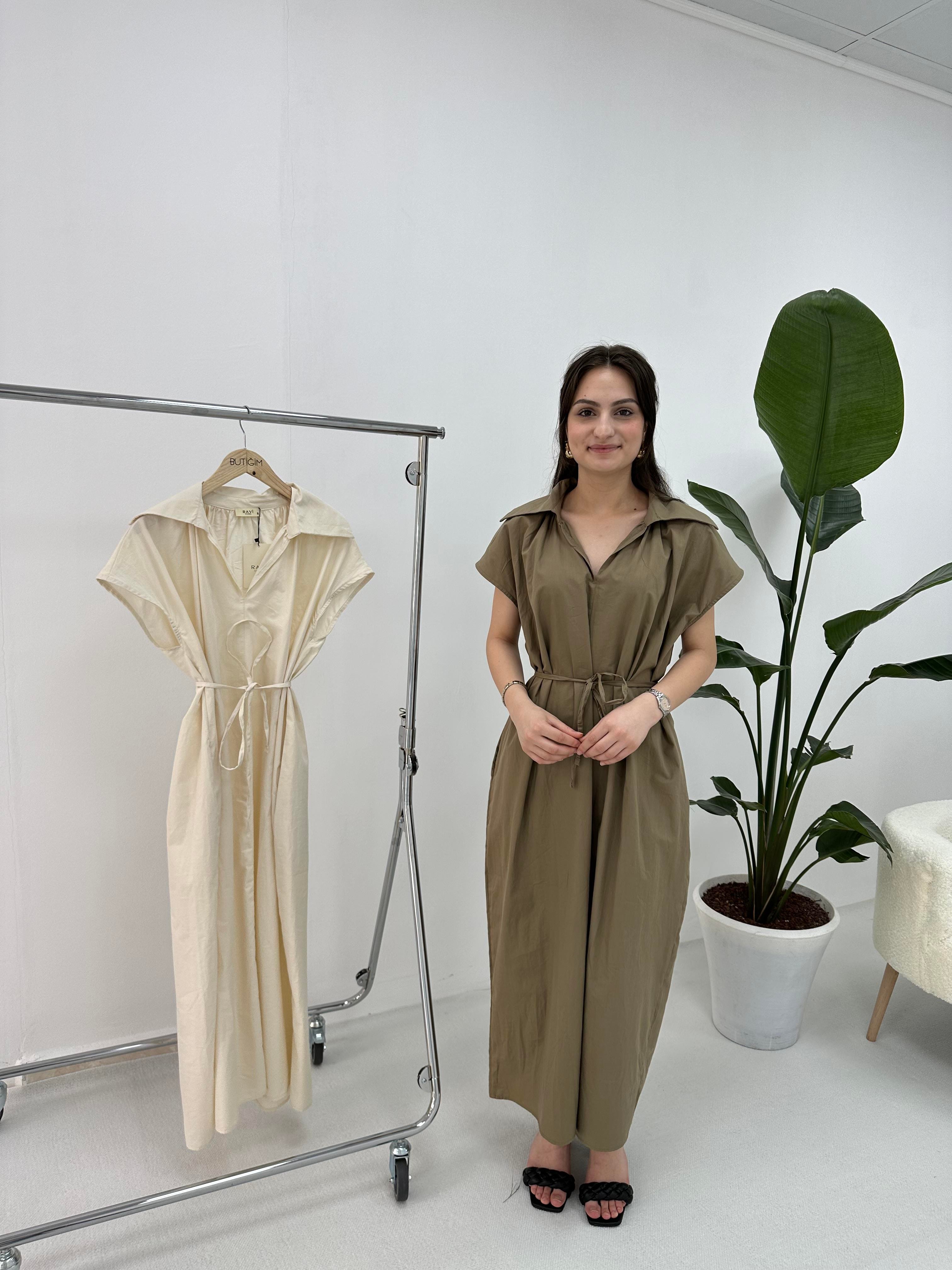 Haki Geniş Yaka Oversize Elbise 