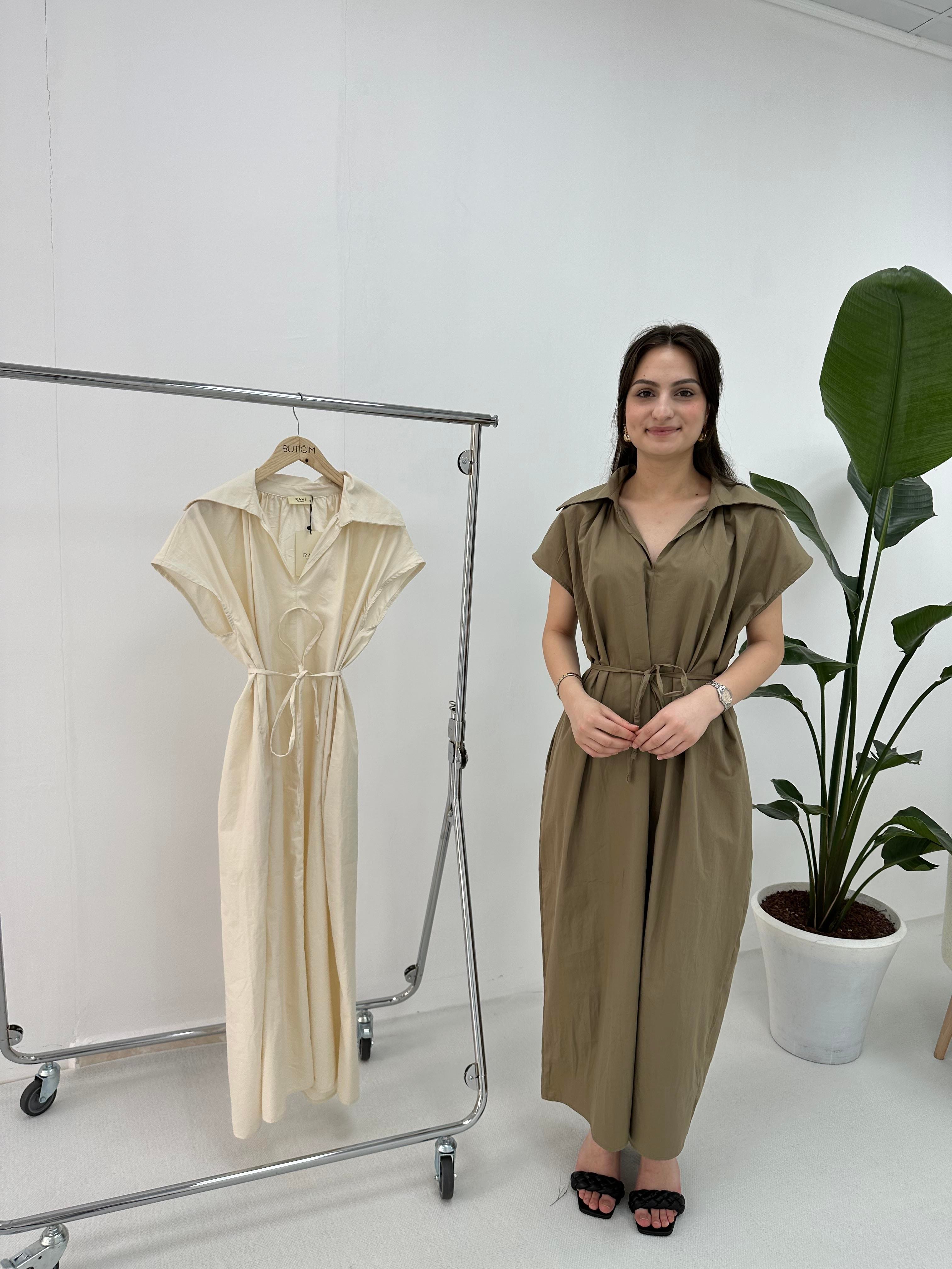 Haki Geniş Yaka Oversize Elbise 