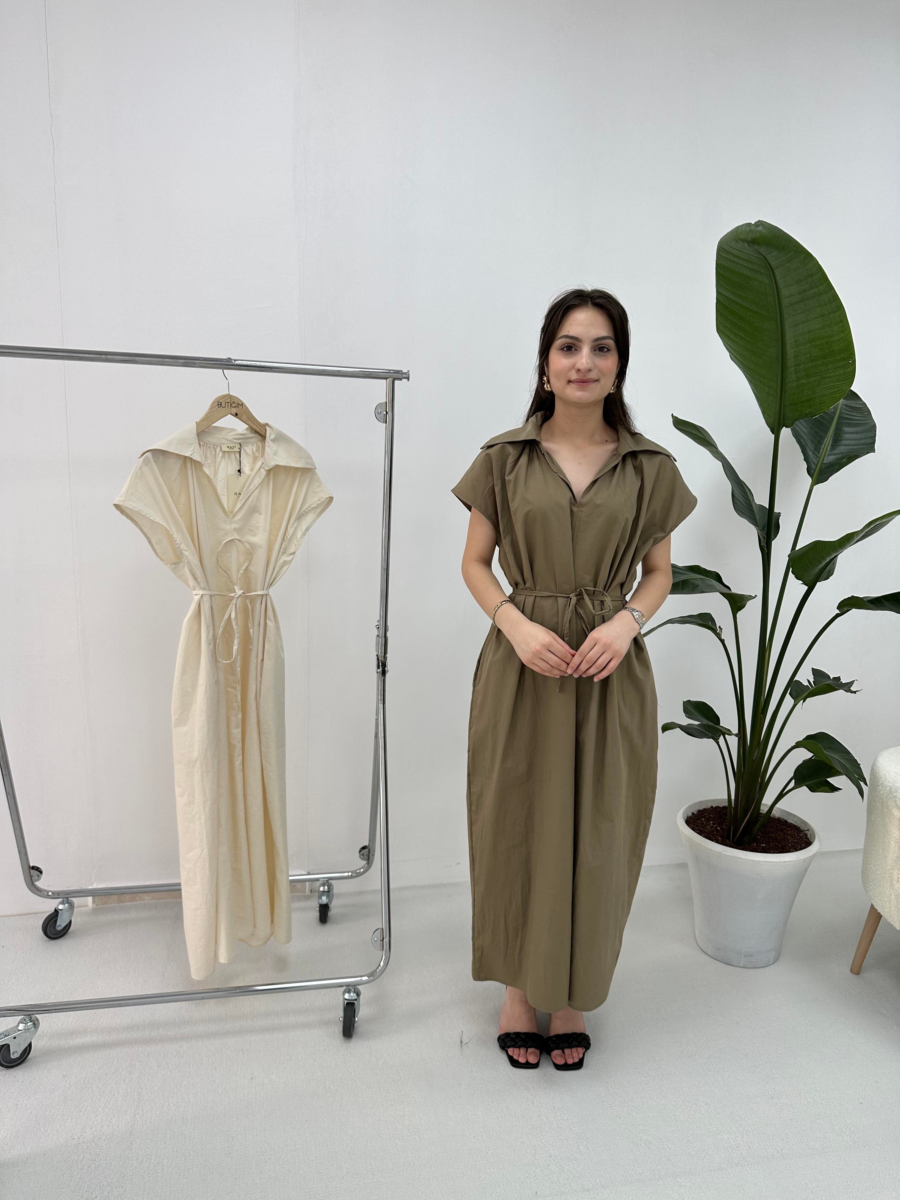 Haki Geniş Yaka Oversize Elbise 