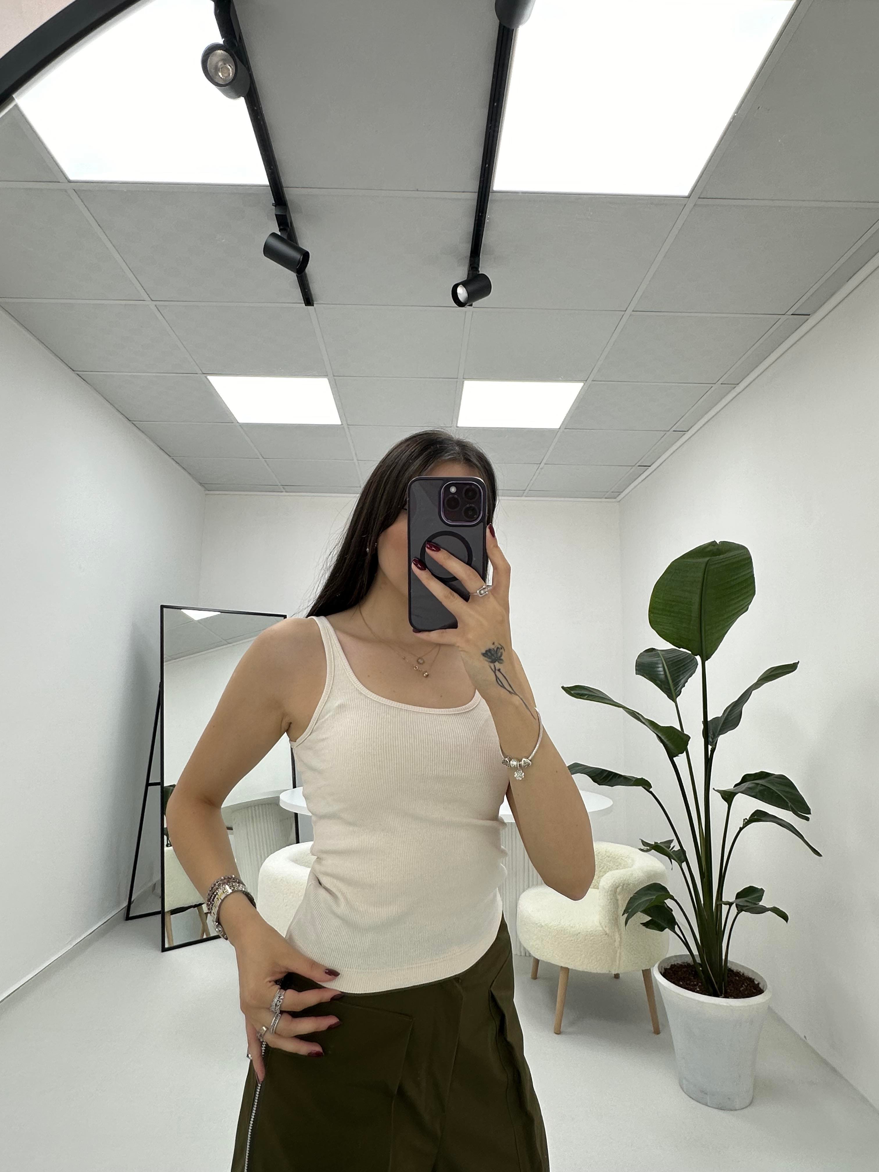 İnce Askılı Fitilli  Oval Yaka Ekru  Atlet 