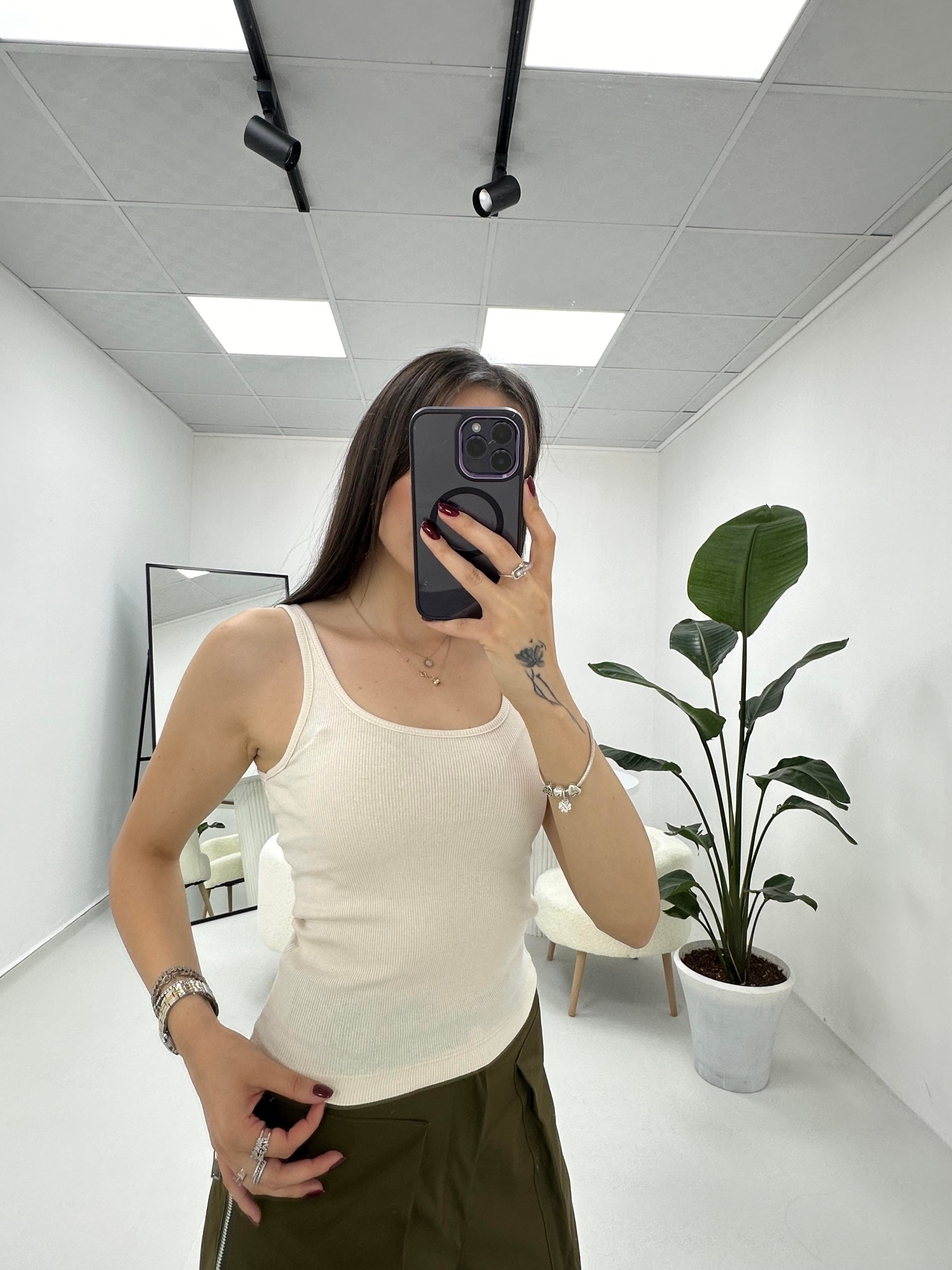 İnce Askılı Fitilli  Oval Yaka Ekru  Atlet 