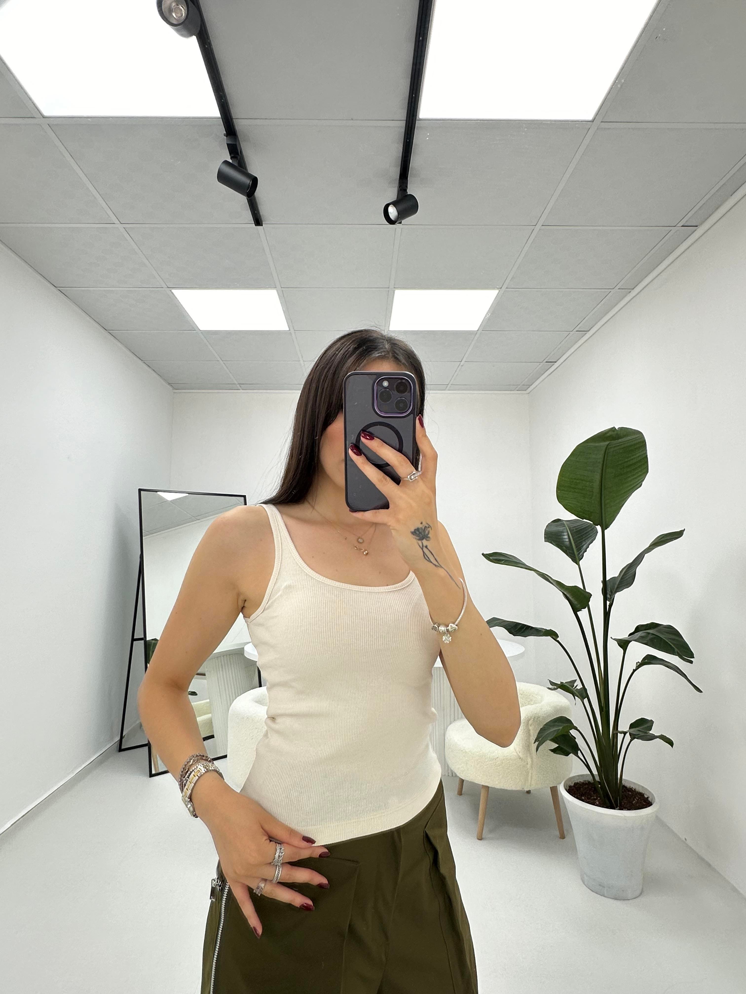 İnce Askılı Fitilli  Oval Yaka Ekru  Atlet 
