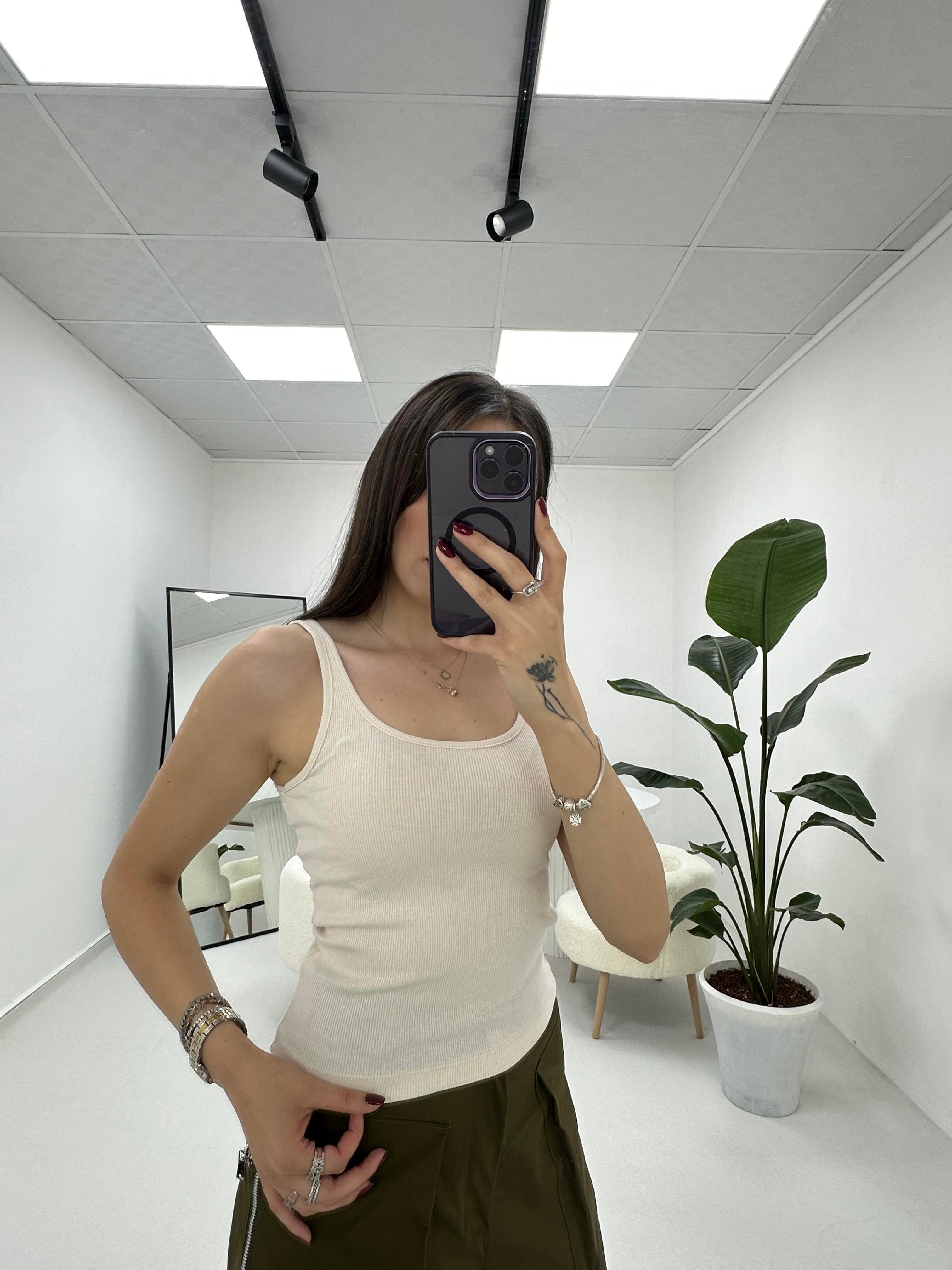 İnce Askılı Fitilli  Oval Yaka Ekru  Atlet 