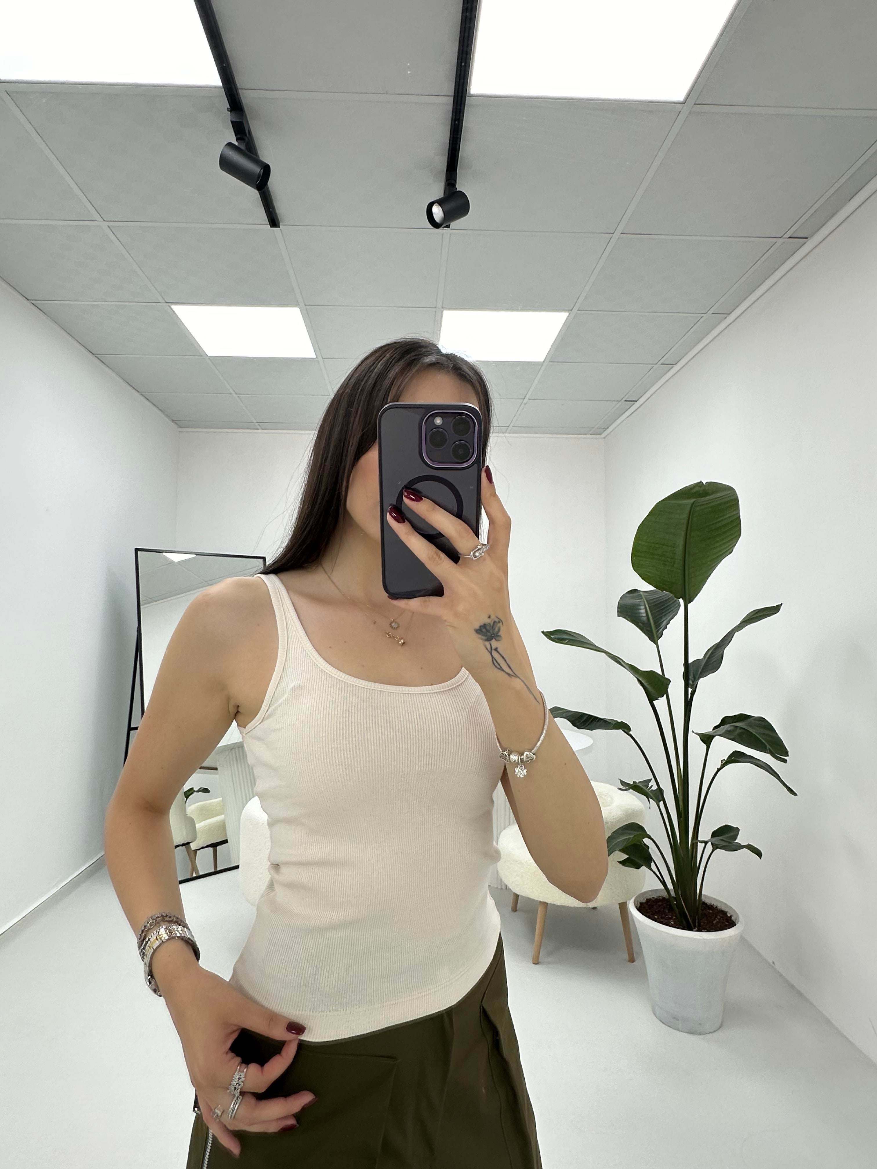 İnce Askılı Fitilli  Oval Yaka Ekru  Atlet 