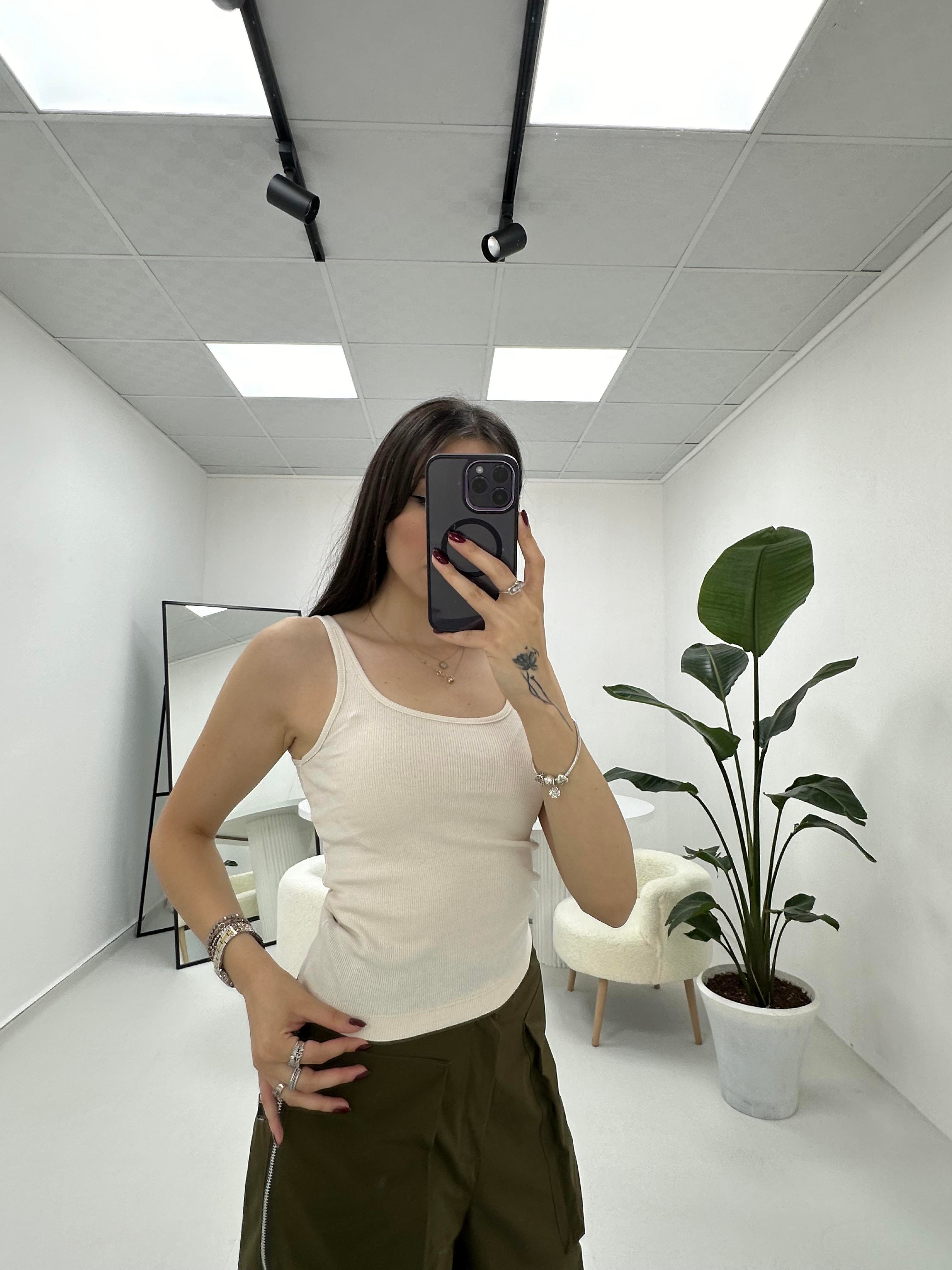 İnce Askılı Fitilli  Oval Yaka Ekru  Atlet 