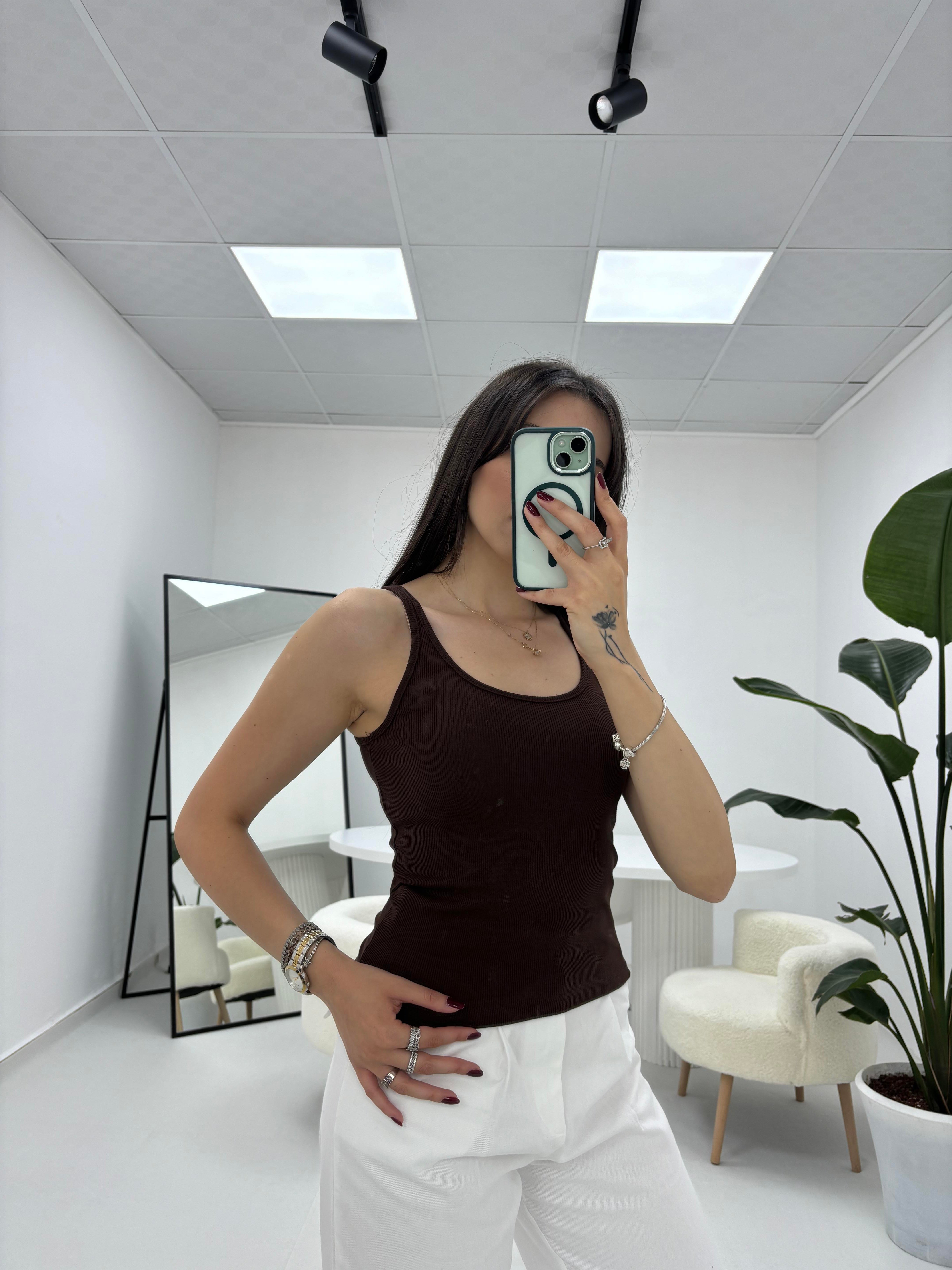 İnce Askılı Fitilli  Oval Yaka Kahverengi Atlet 
