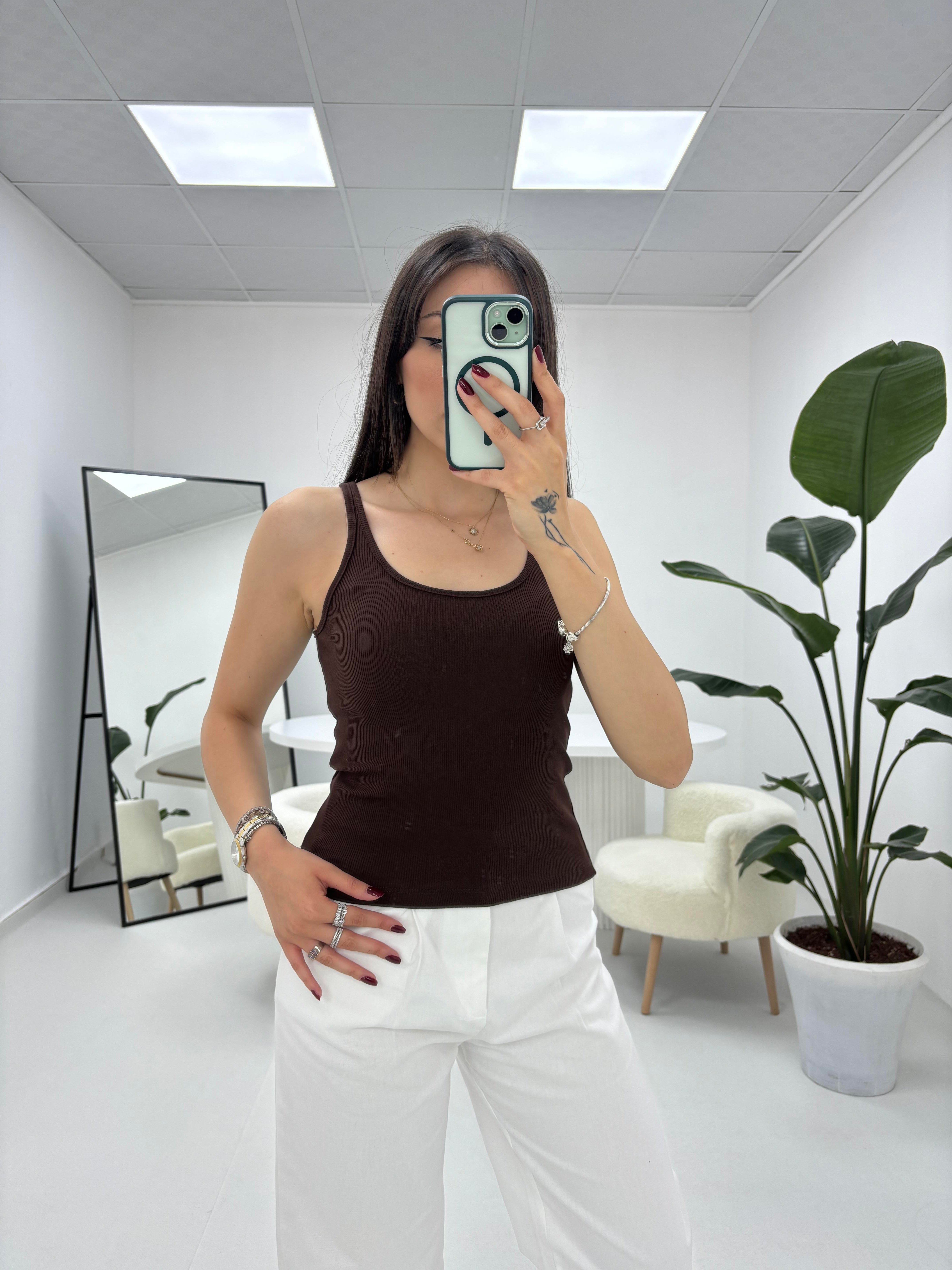 İnce Askılı Fitilli  Oval Yaka Kahverengi Atlet 