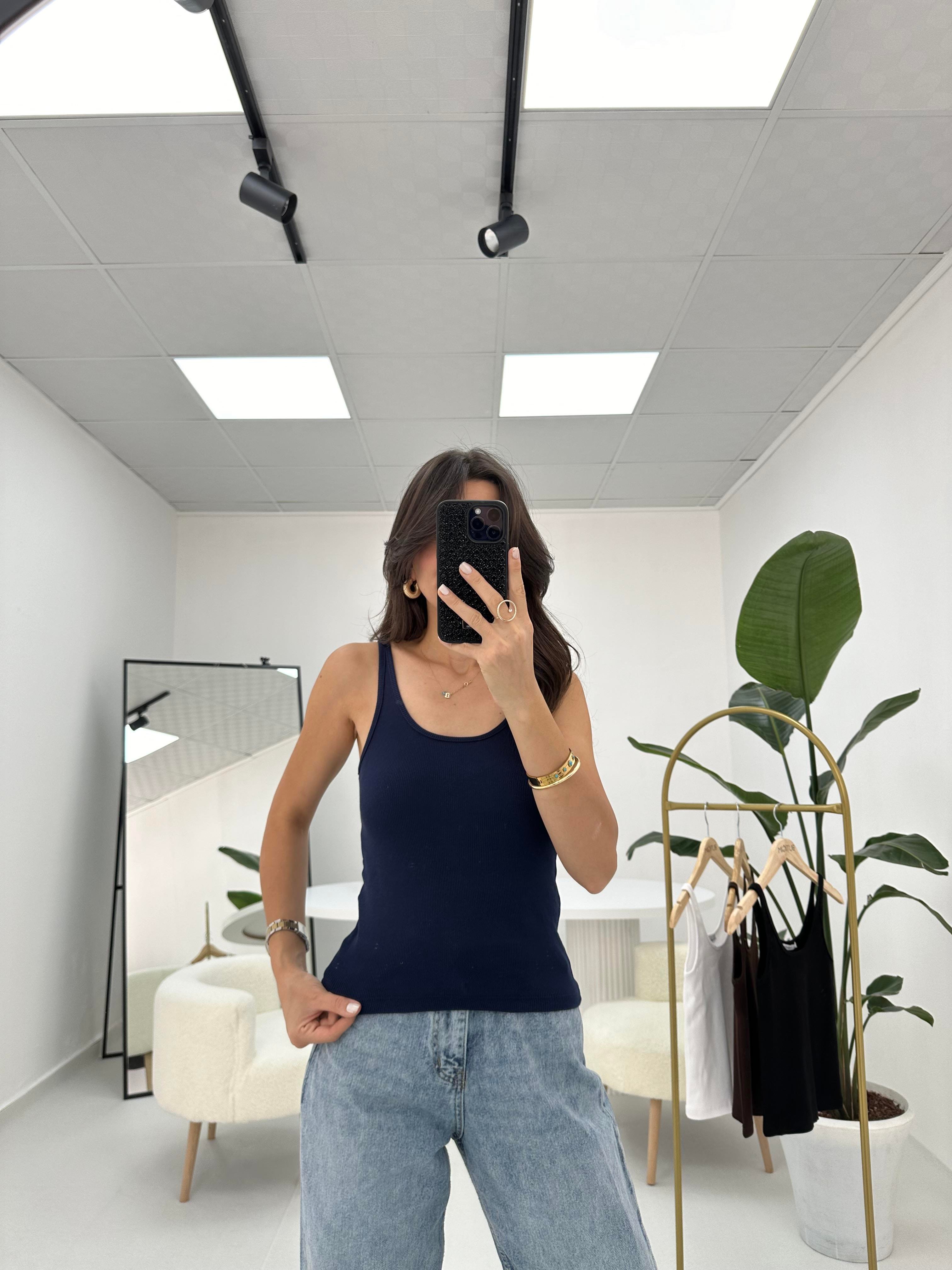 İnce Askılı Fitilli  Oval Yaka Lacivert Atlet 