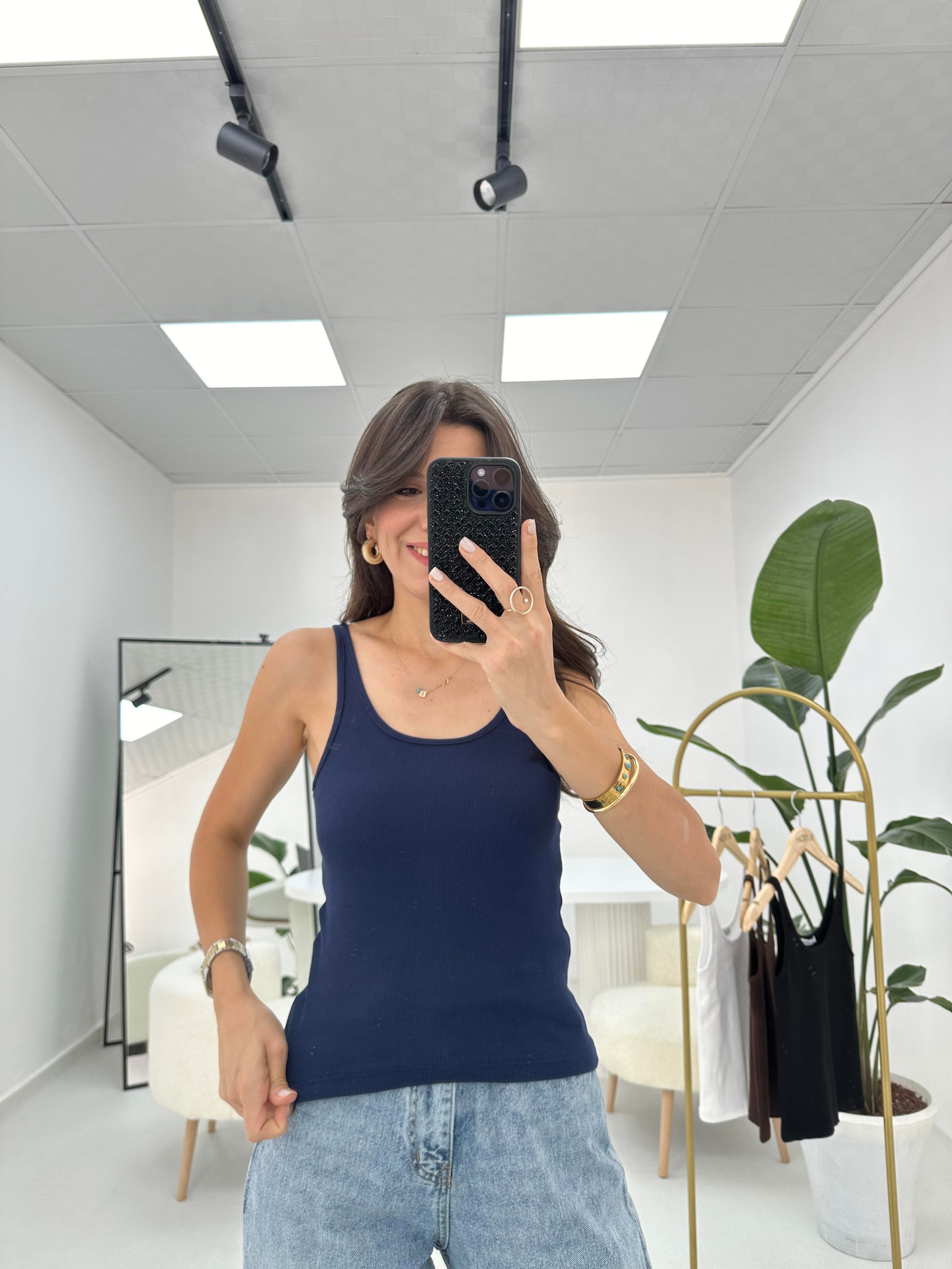 İnce Askılı Fitilli  Oval Yaka Lacivert Atlet 