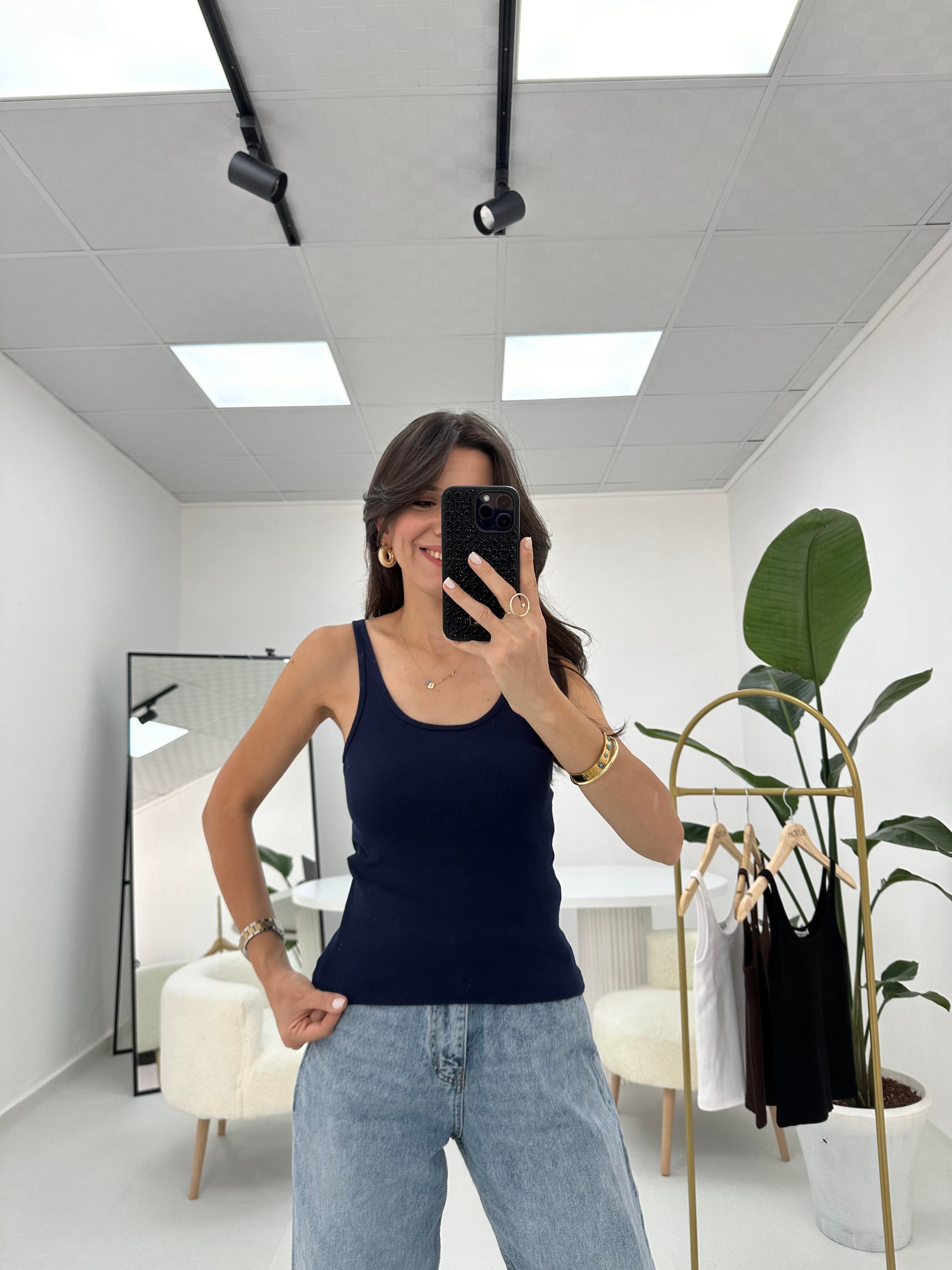 İnce Askılı Fitilli  Oval Yaka Lacivert Atlet 