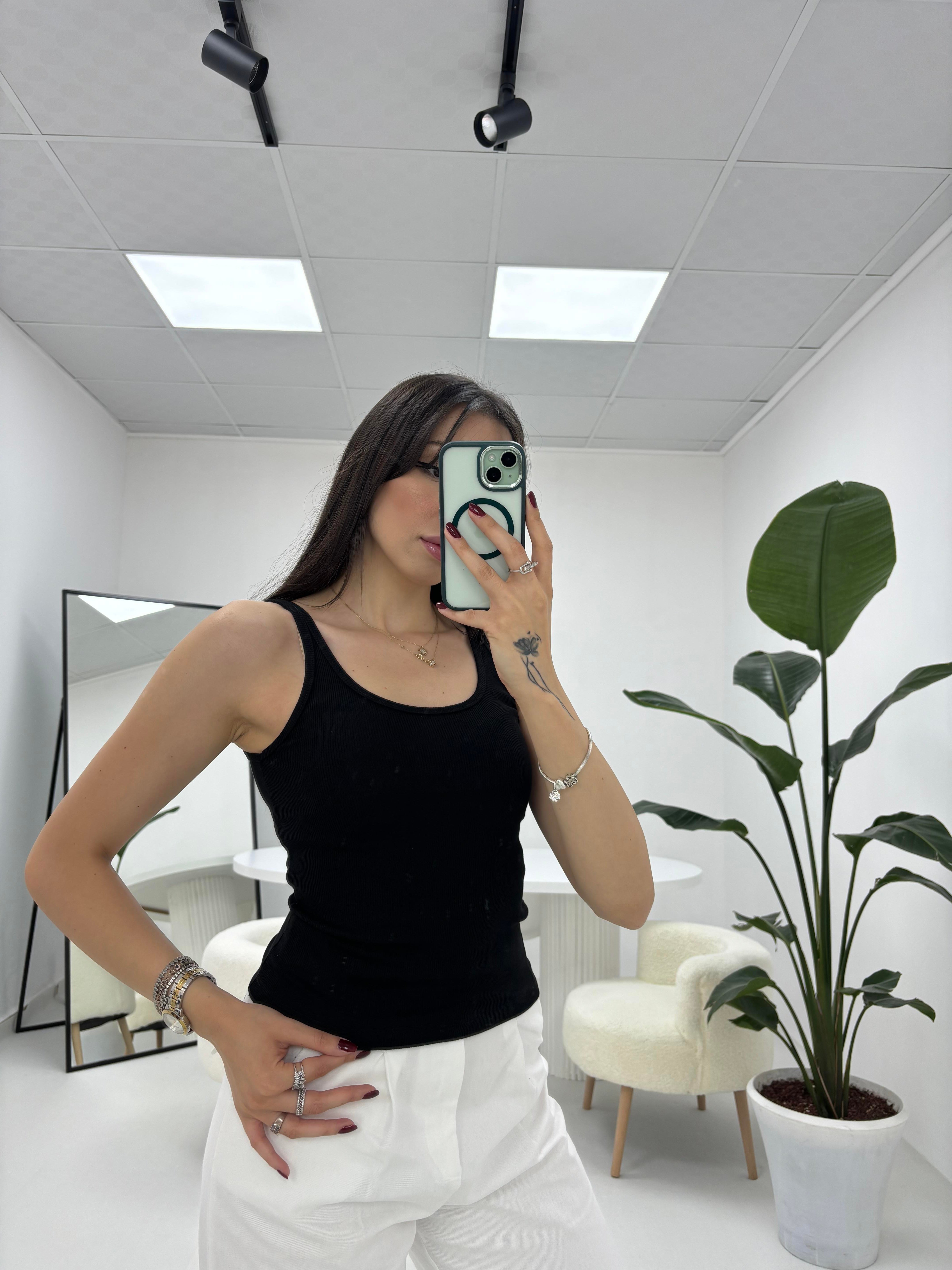 İnce Askılı Fitilli  Oval Yaka Siyah Atlet 
