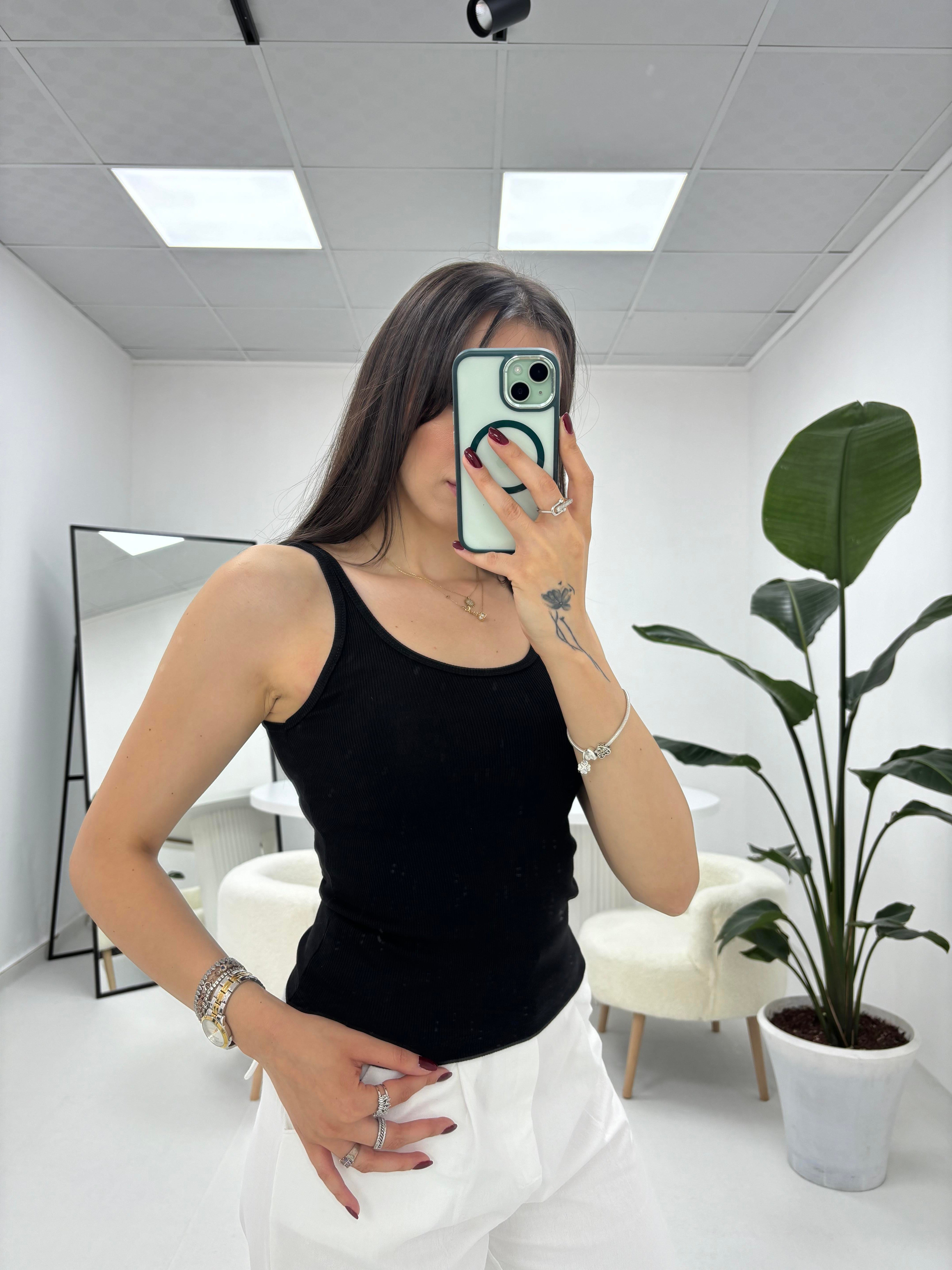 İnce Askılı Fitilli  Oval Yaka Siyah Atlet 