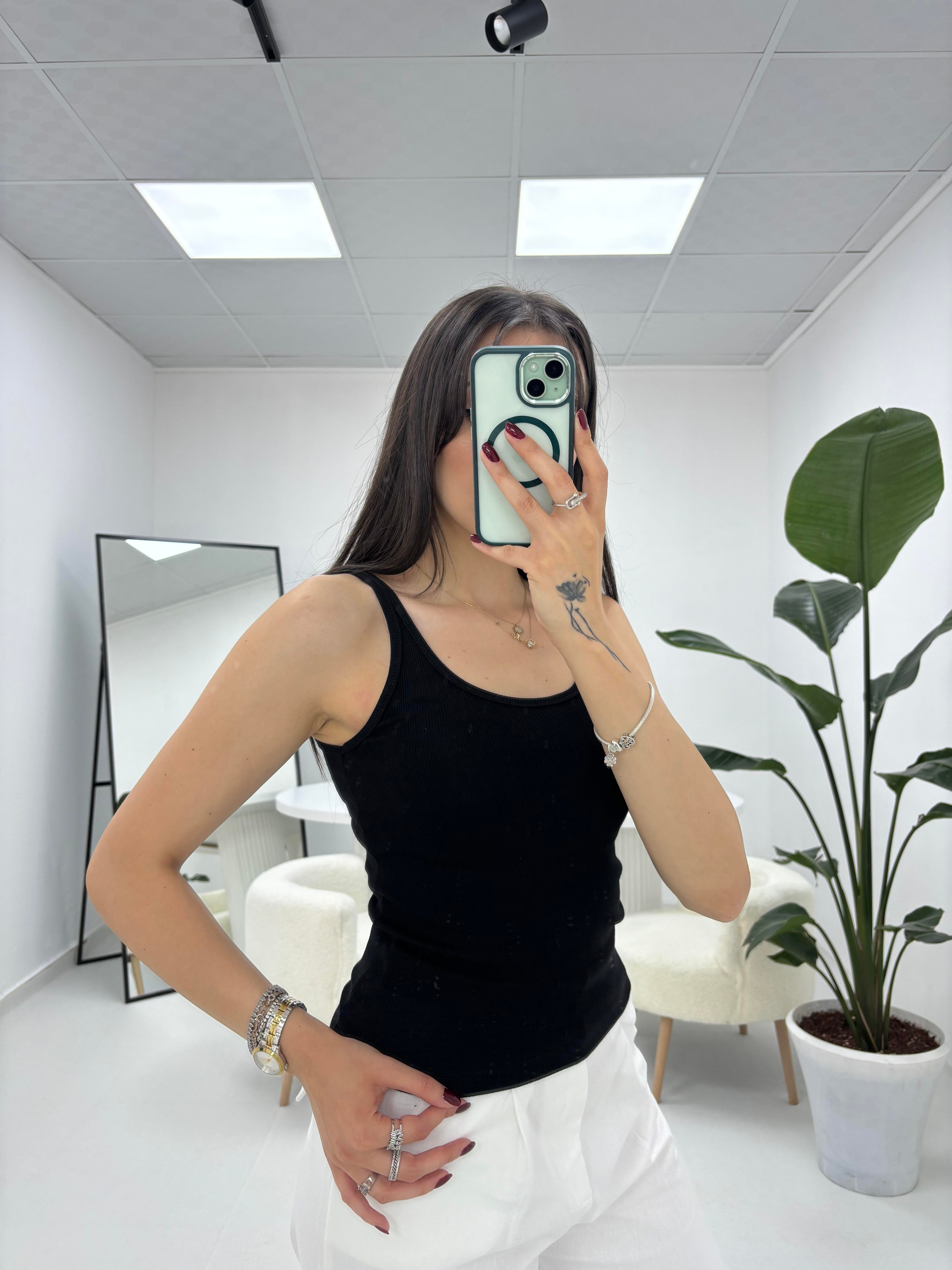 İnce Askılı Fitilli  Oval Yaka Siyah Atlet 