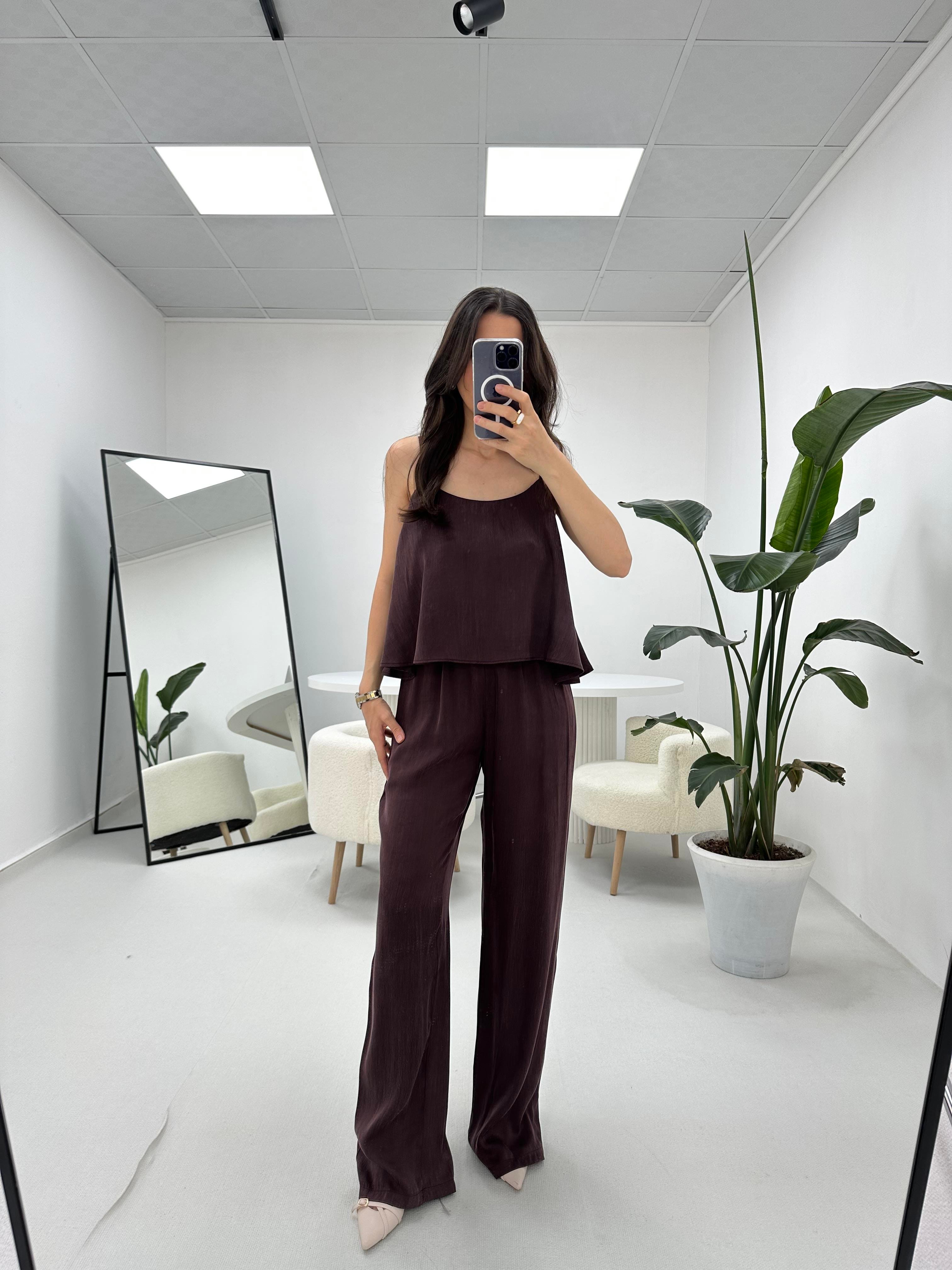 İnce Askılı Mürdüm Bluz Pantolon Takım 