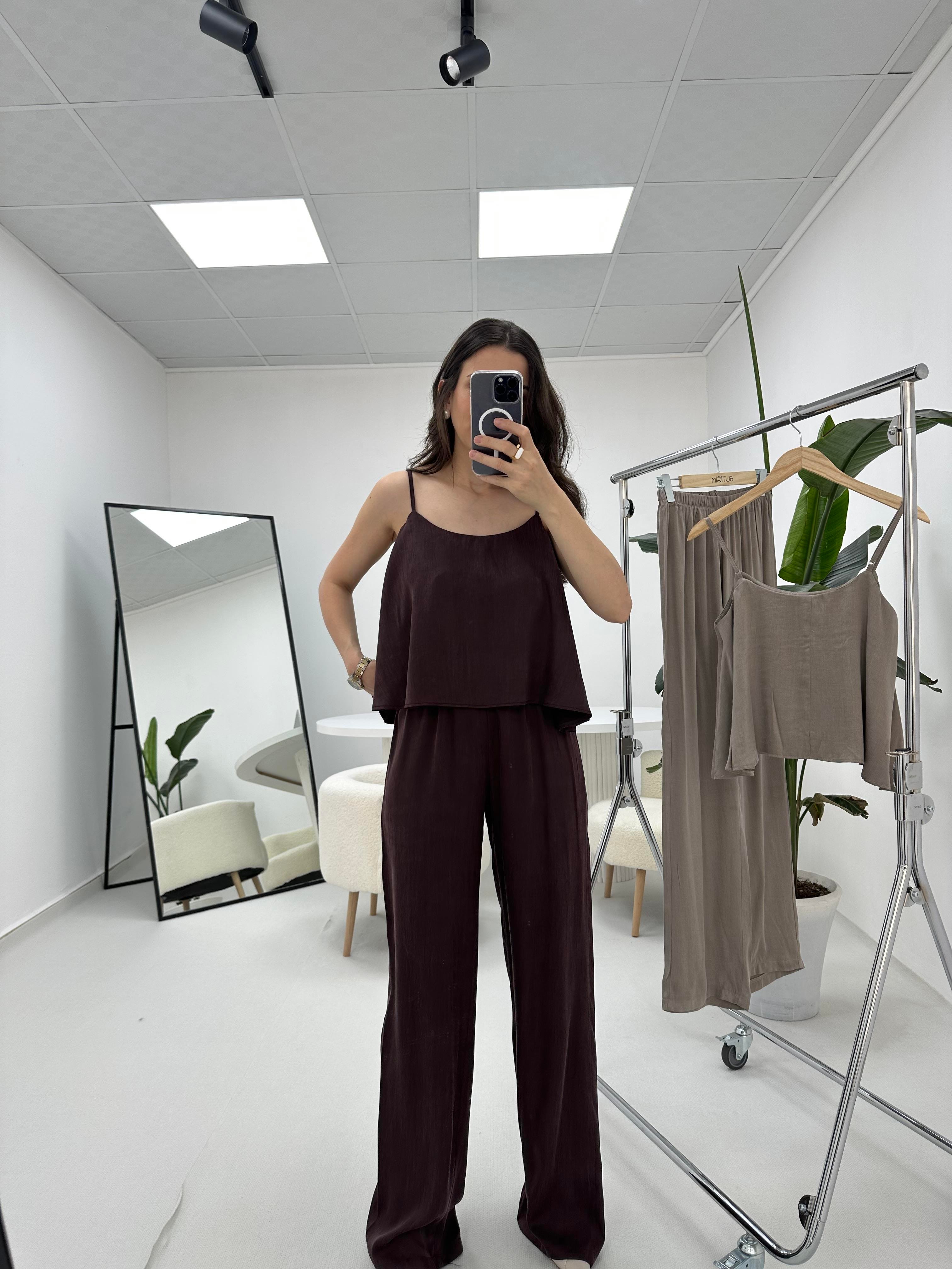 İnce Askılı Mürdüm Bluz Pantolon Takım 