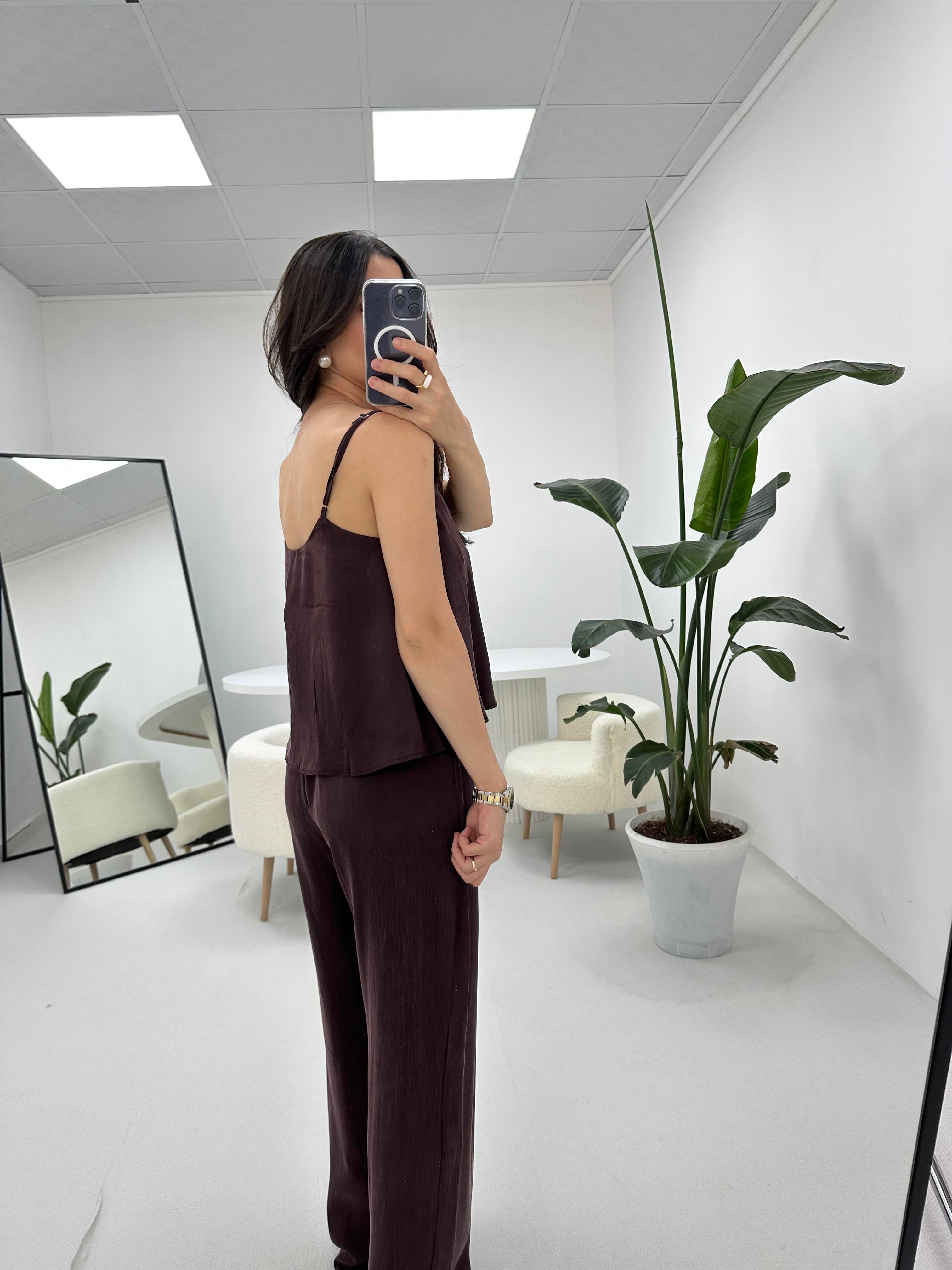 İnce Askılı Mürdüm Bluz Pantolon Takım 