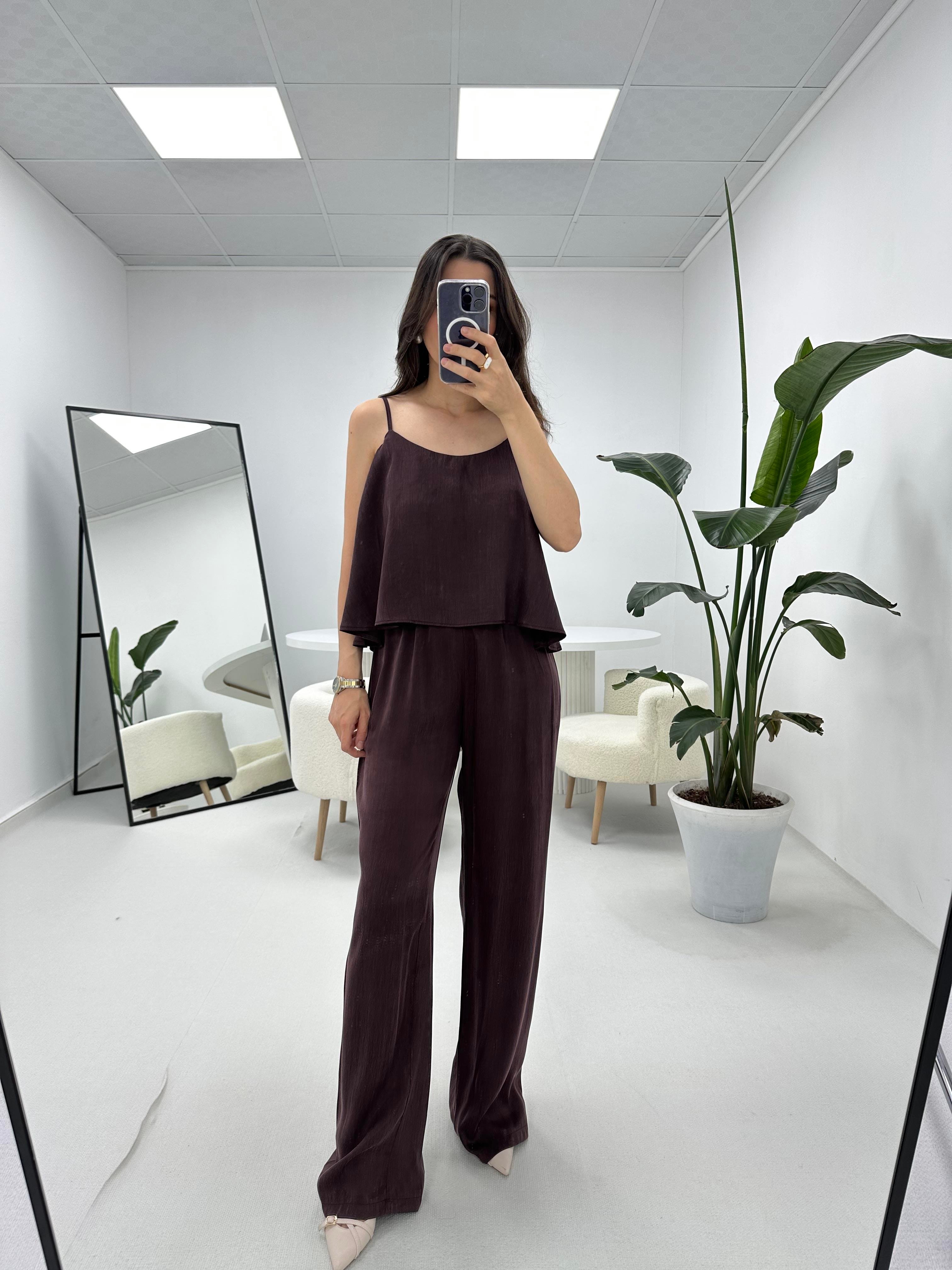 İnce Askılı Mürdüm Bluz Pantolon Takım 