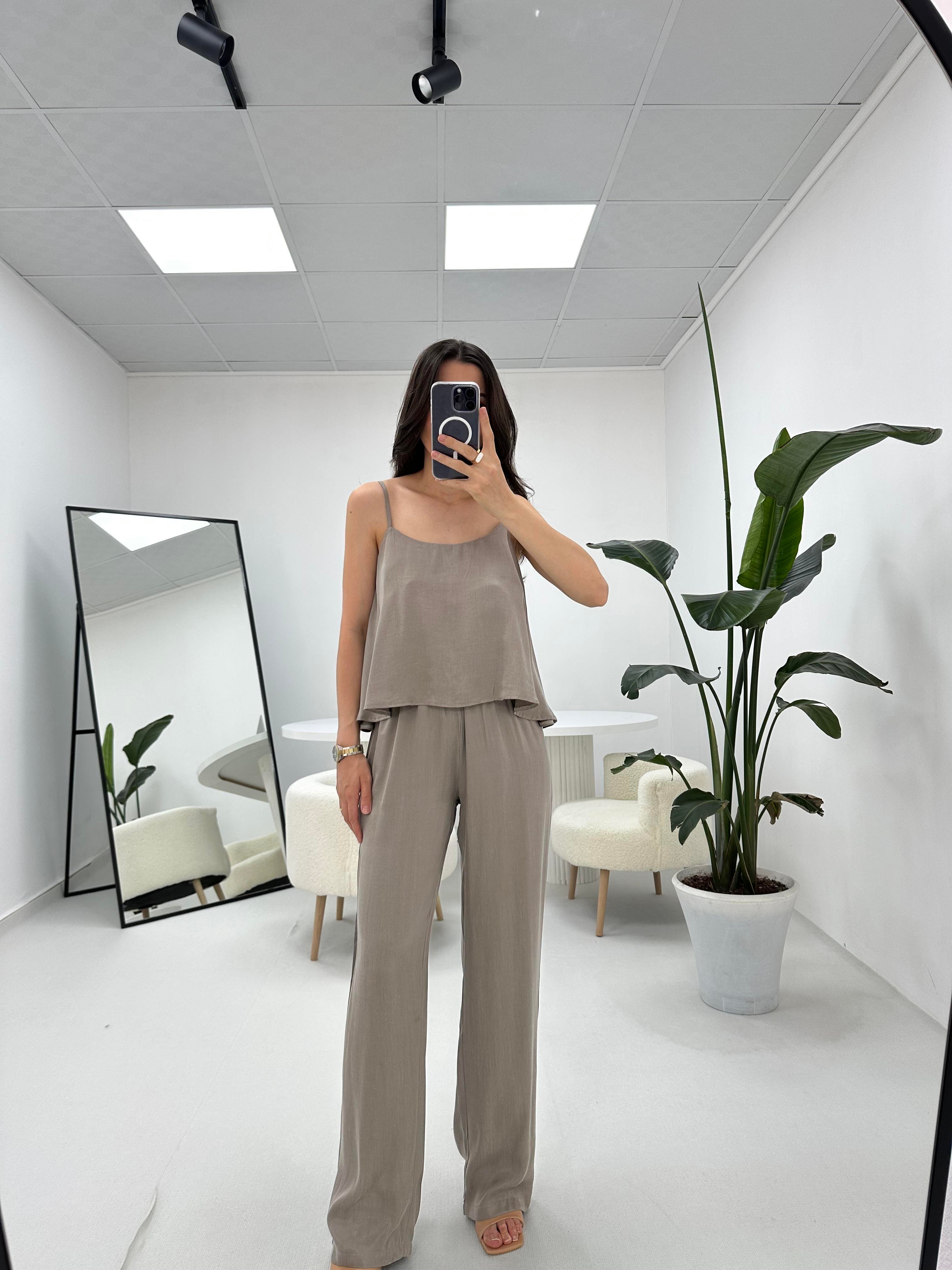 İnce Askılı Vizon  Bluz Pantolon Takım 