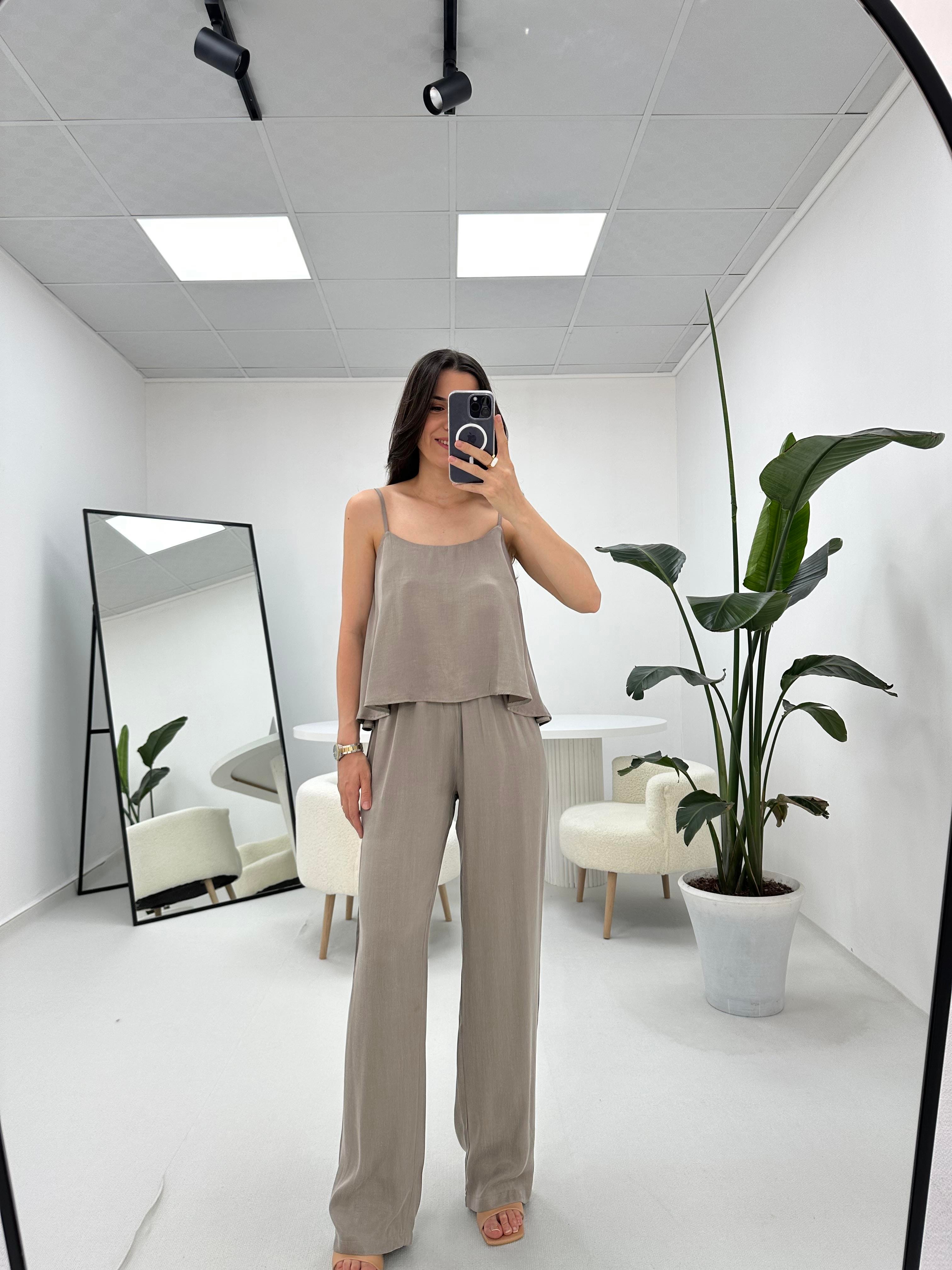 İnce Askılı Vizon  Bluz Pantolon Takım 