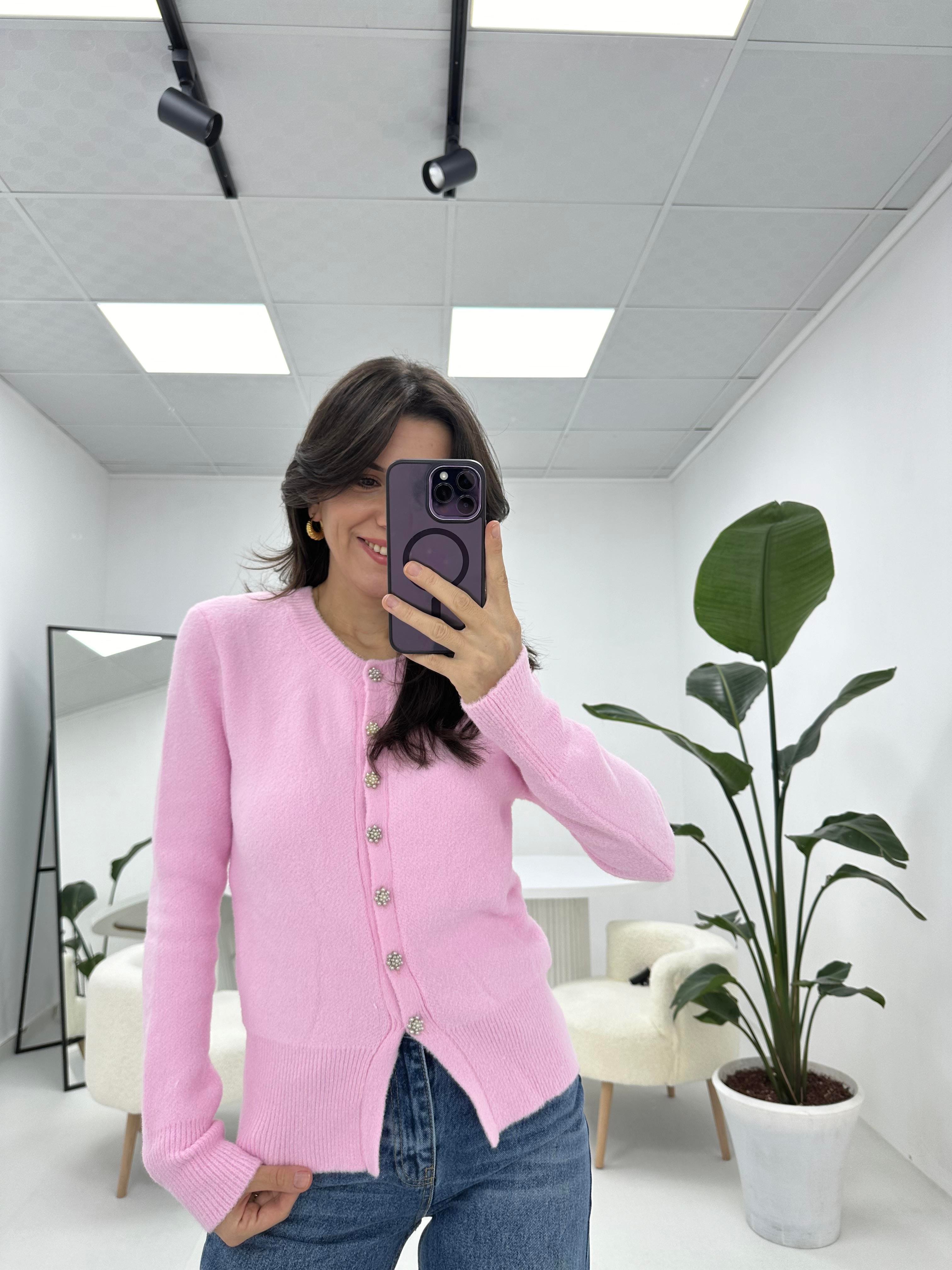 İnci Düğmeli Pembe Hırka 