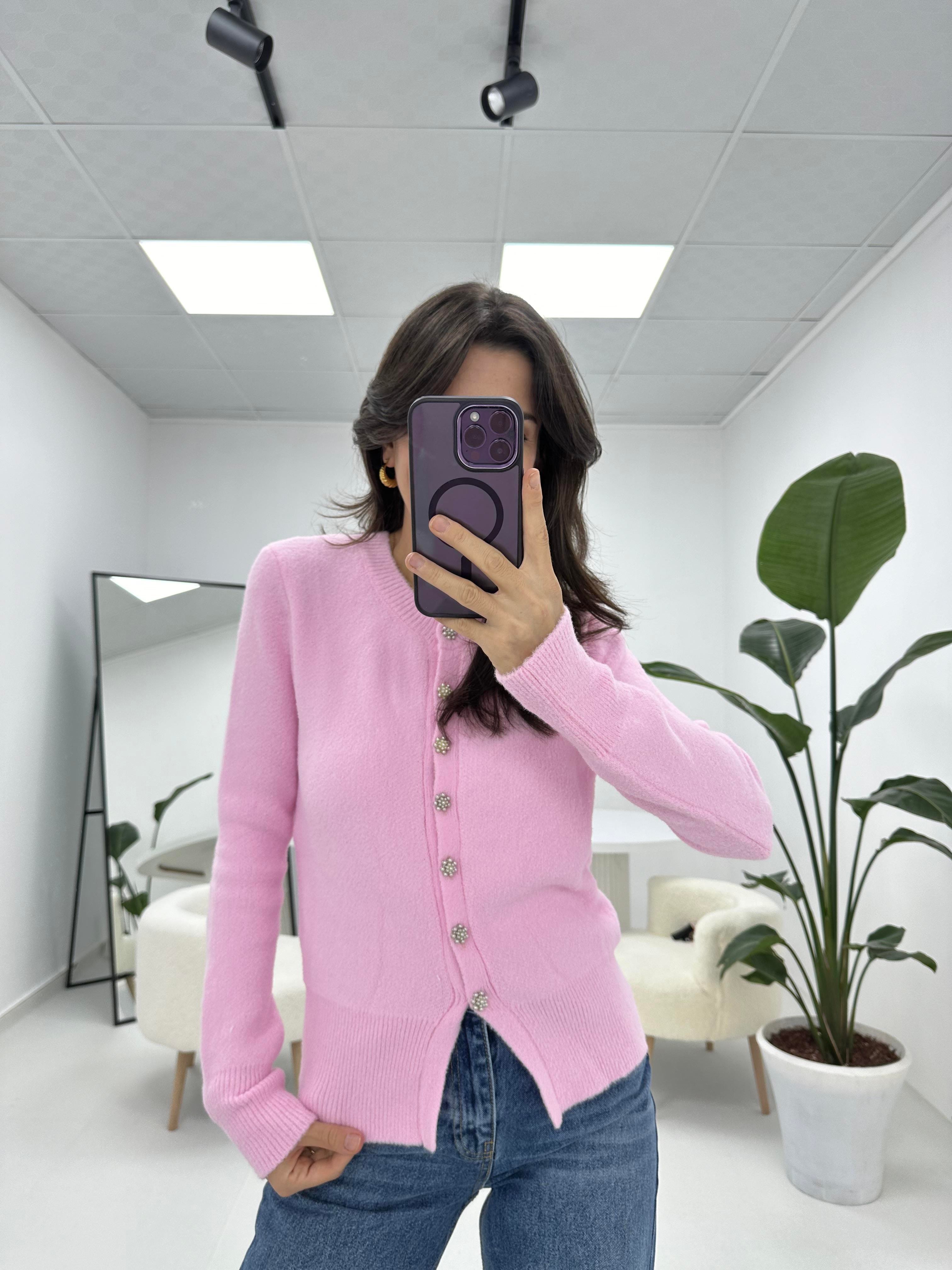 İnci Düğmeli Pembe Hırka 