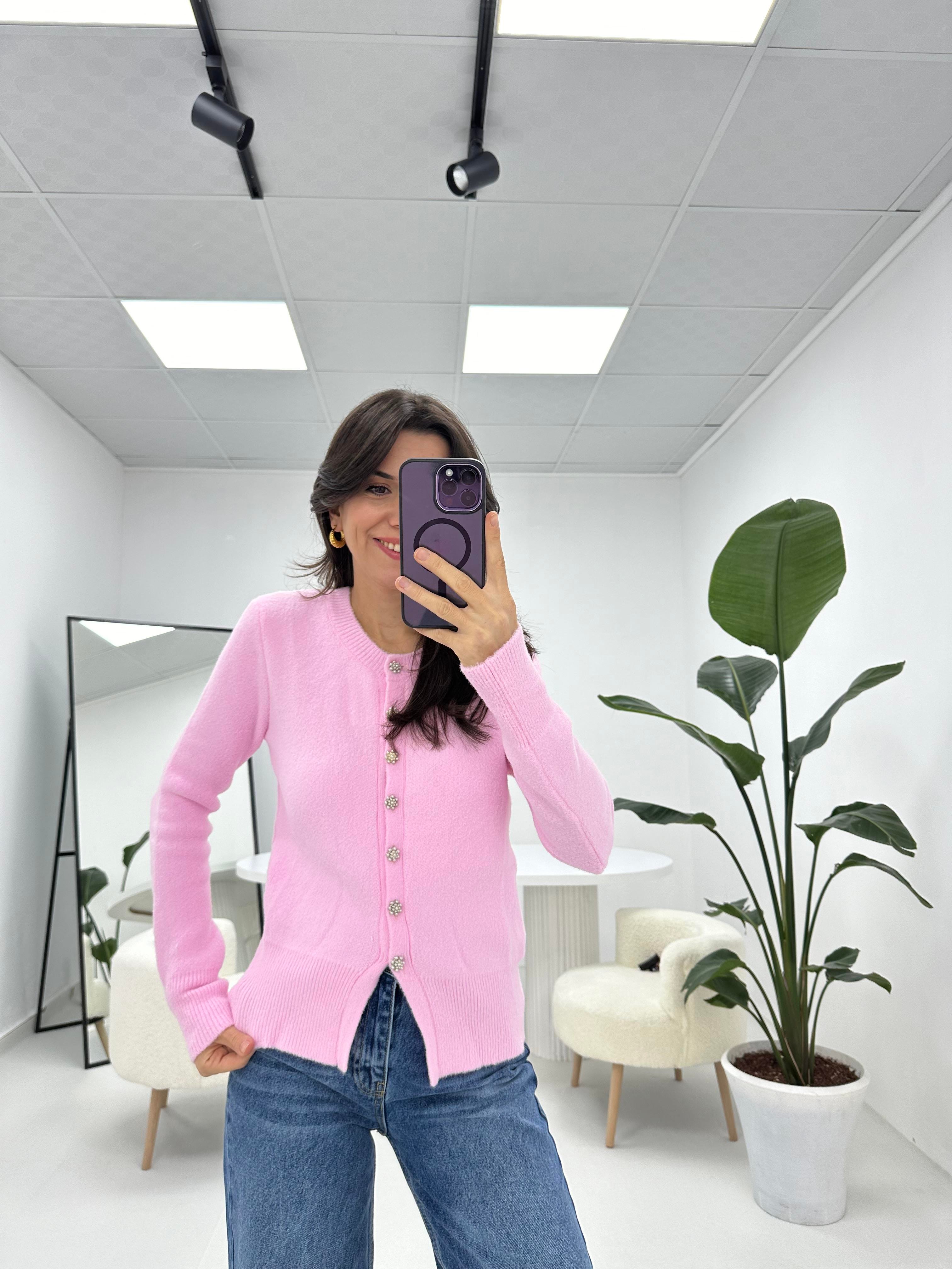 İnci Düğmeli Pembe Hırka 