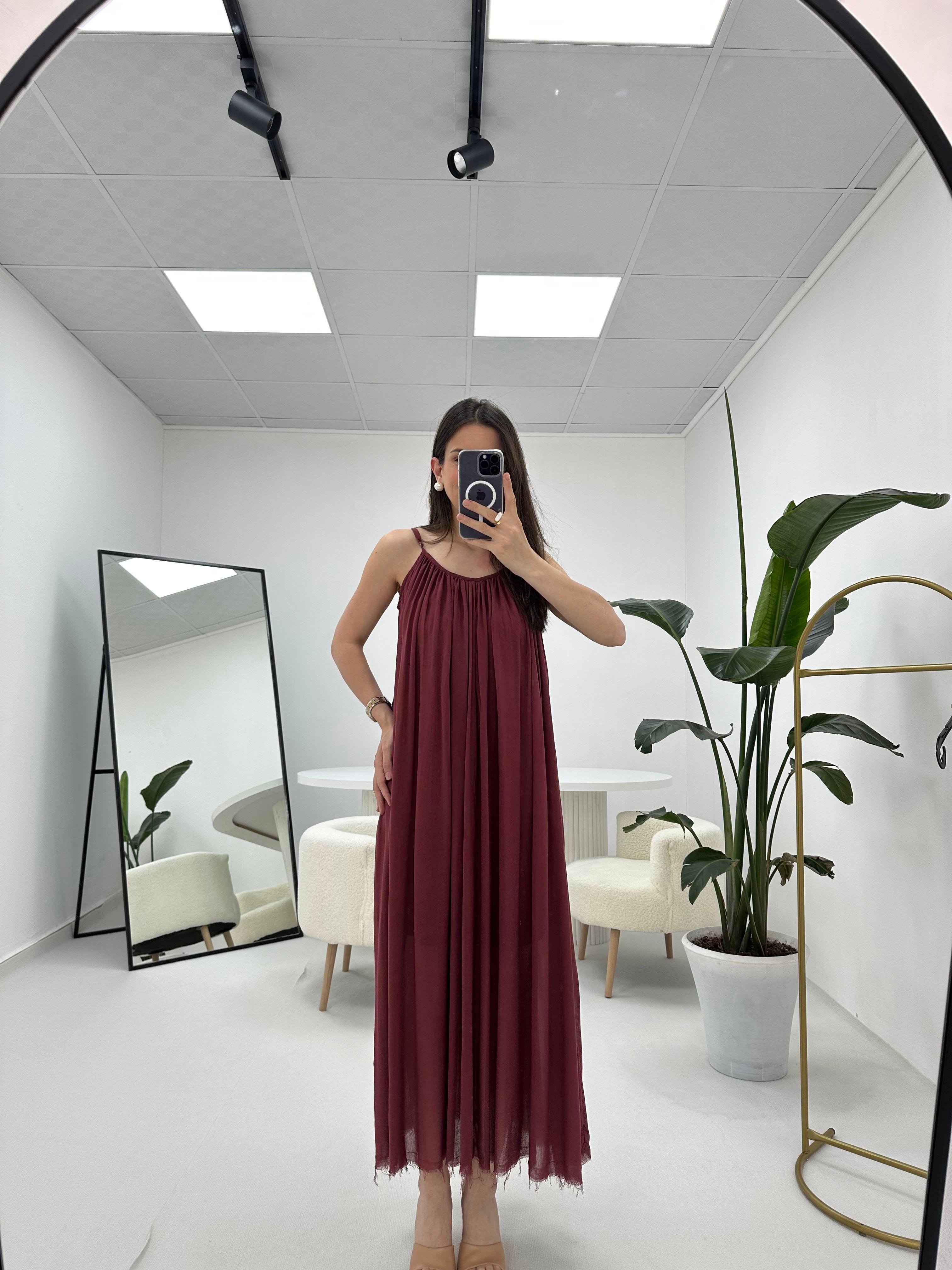 İp Askılı Bordo Elbise