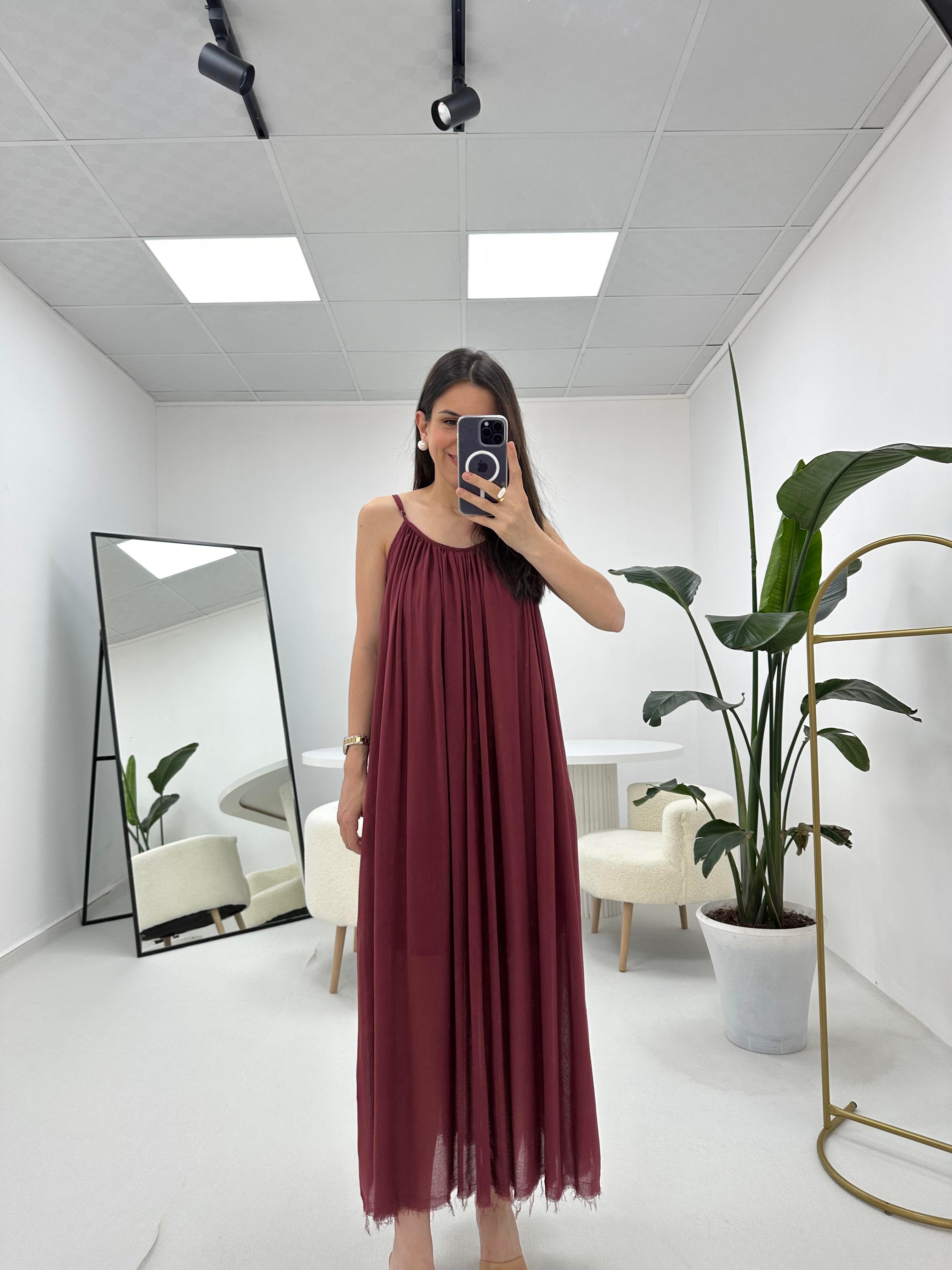 İp Askılı Bordo Elbise