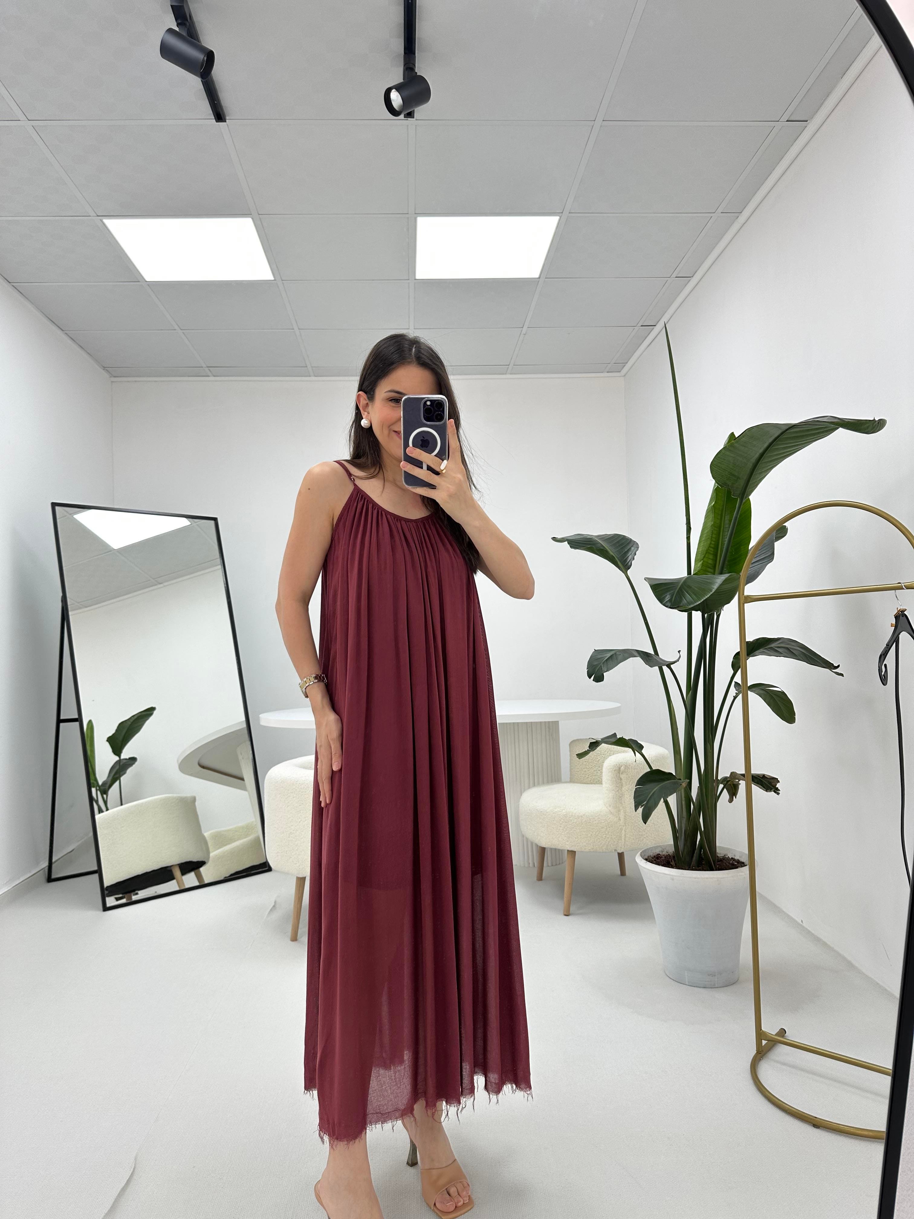 İp Askılı Bordo Elbise