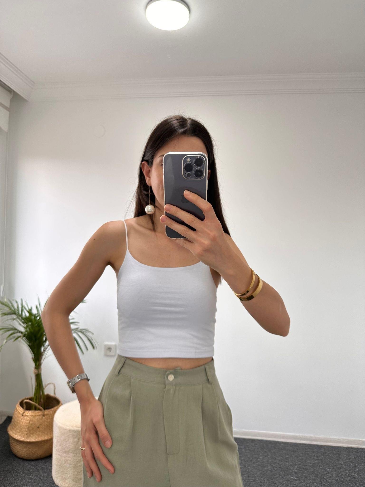 İp Askılı  Crop Top Beyaz