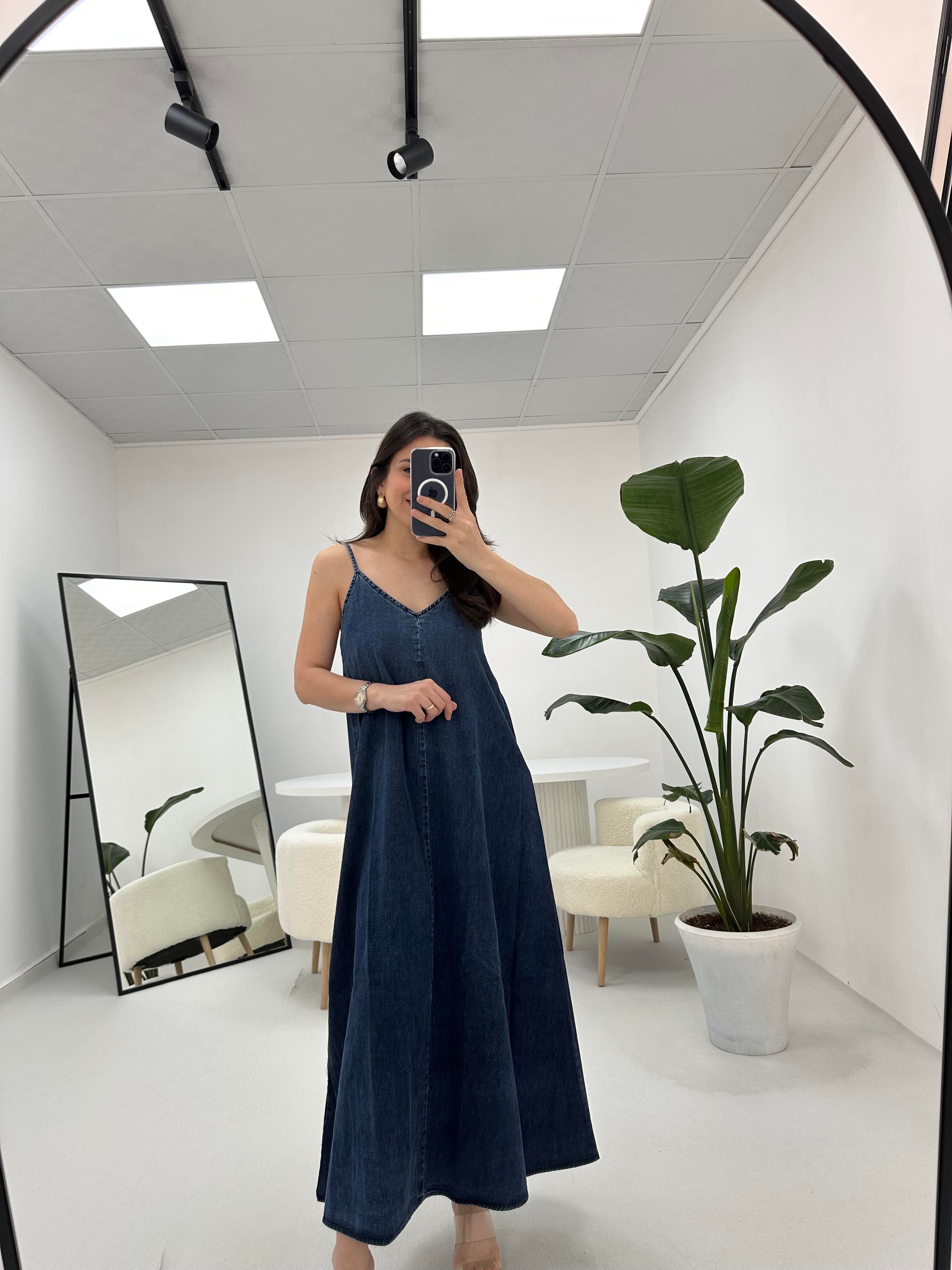 İp Askılı Denim Mavi Kot Elbise 