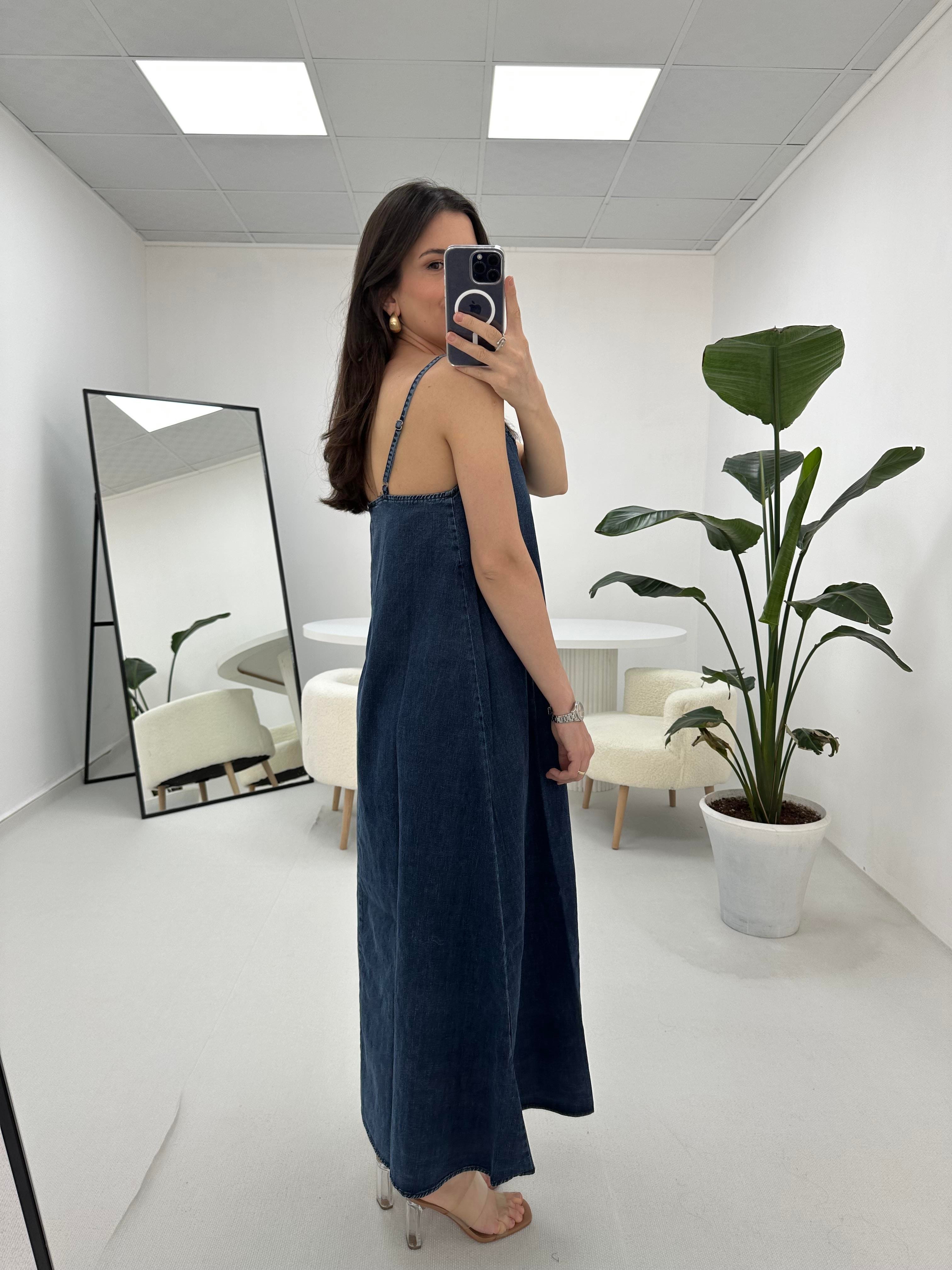 İp Askılı Denim Mavi Kot Elbise 