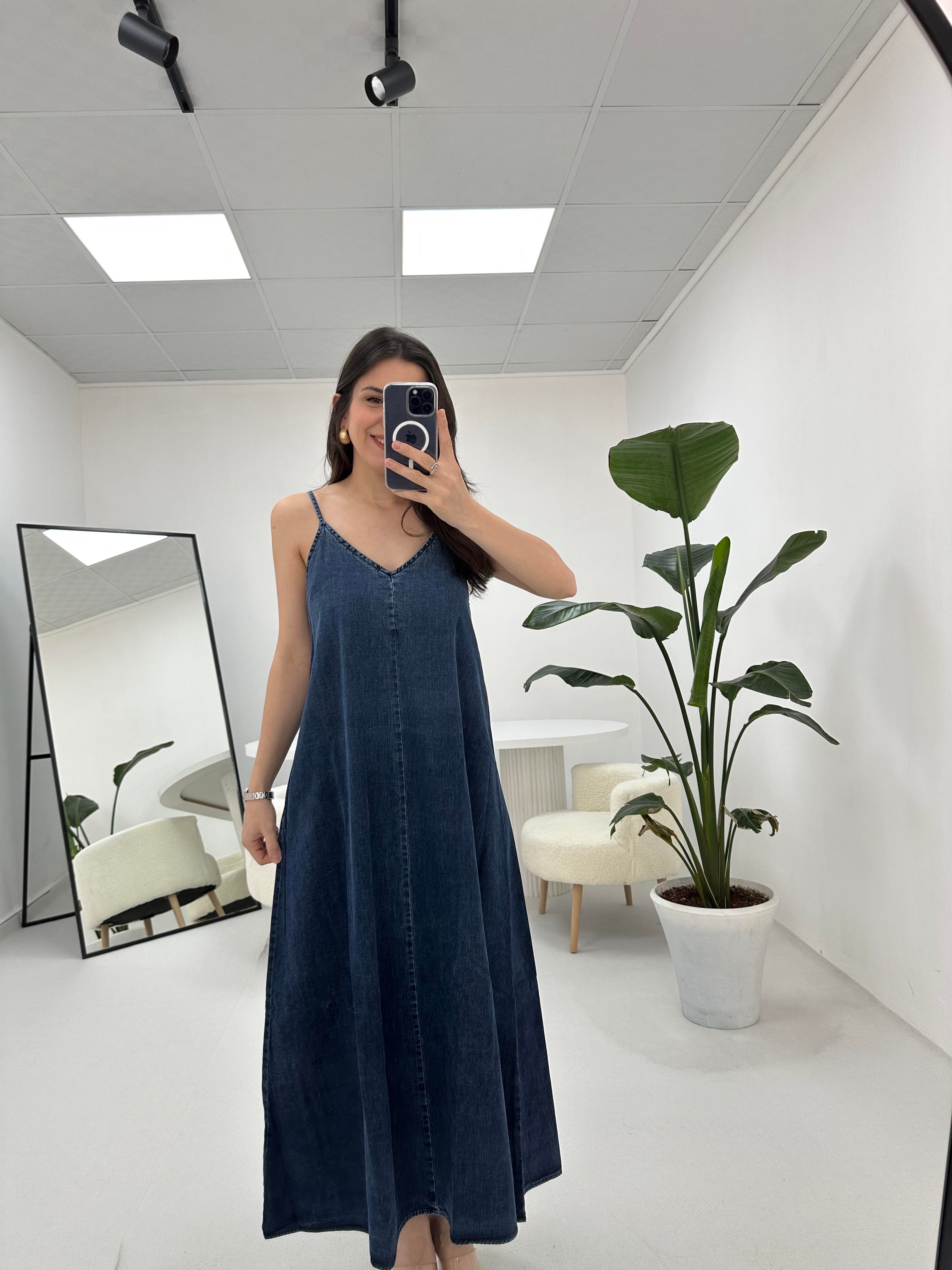İp Askılı Denim Mavi Kot Elbise 