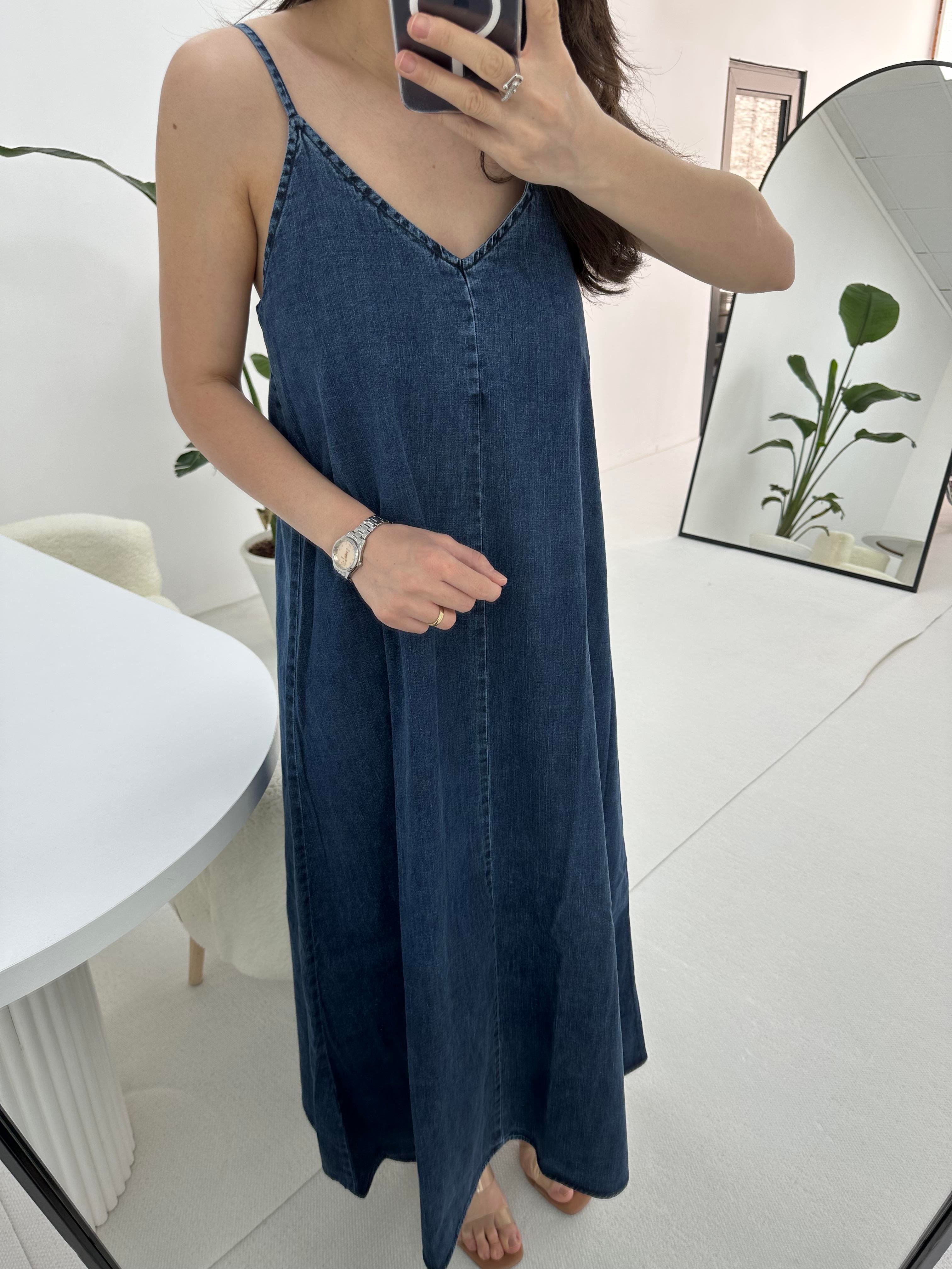 İp Askılı Denim Mavi Kot Elbise 